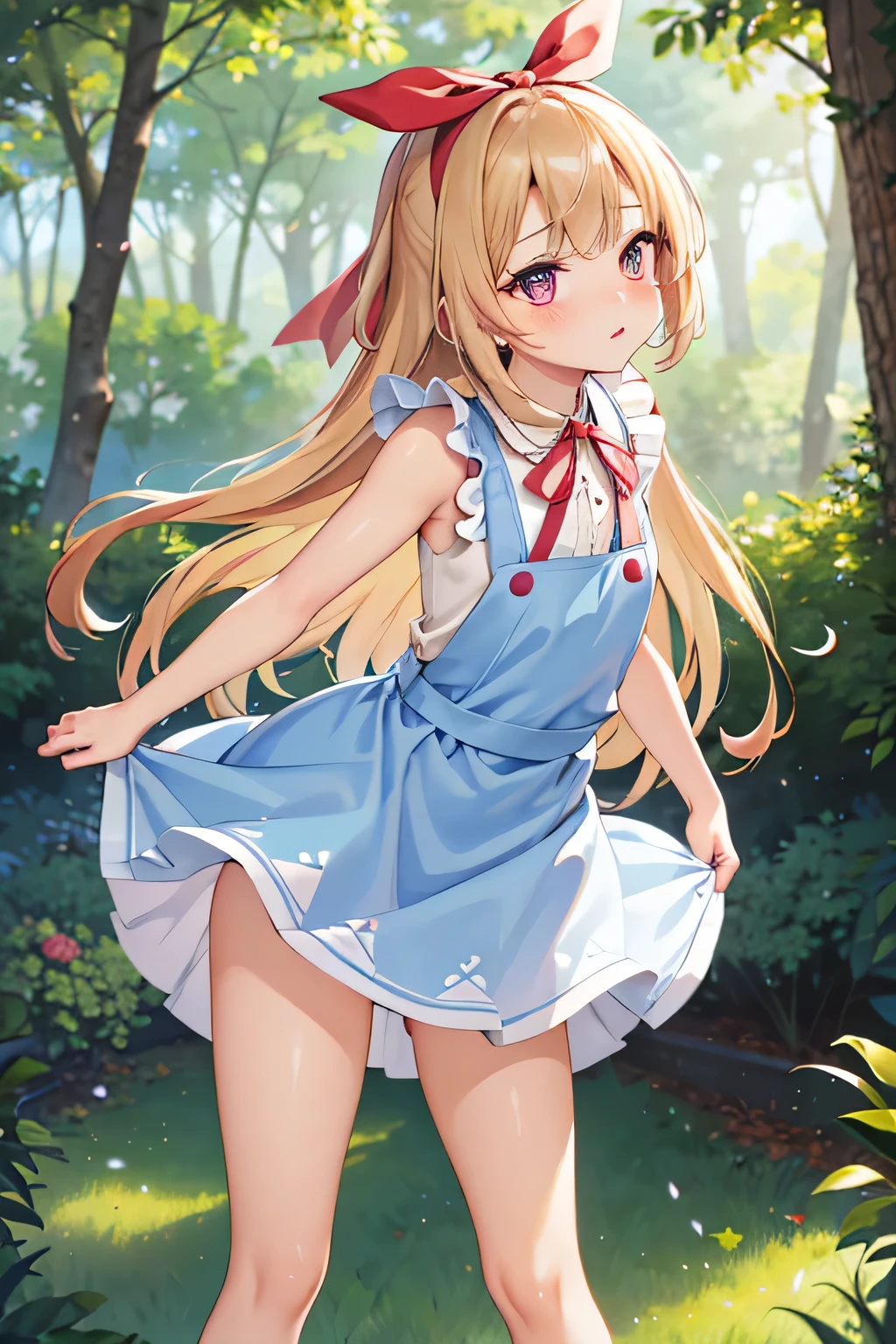 Generates realistic full-body images of people standing straight and facing forward,Realistic body image with anime style eyes,standing position,Arms face down,1 girl,alone,Alice(不思議の国のAlice),((Pinnafor)),(ribbon),(nude),((blush)),((pussy up)),pussy,skinny: 2.0,realistic,Tea ceremony in the forest.dawn,((concentrate on upper body)),((small)), ((small)), change:1.2