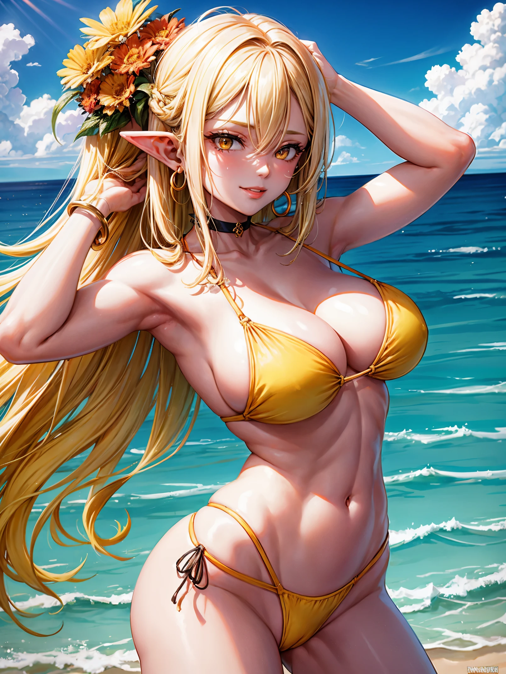 full nude,1 girl, big breasts, alone, dark skinned woman, jewelry, long hair, goblin, pointed ears, belly button, outdoor, armpit, wood, smile, flower, tattoo, water着, bikini, looking at the viewer, Day, dark goblin, bangle, necklace, hair ornaments, Raise the hand, palm wood, hair between eyes, orange eyes, earrings, yellow hair, null, hair flower, cowboy shot, very long hair, bangs, parted lips, Stomach, blue null, arm behind head, choker, cleavage, cloud, yellow bikini, side lock, Ocean, yellow flower, orange bikini, flower necklace, bikini bottom only, mismatched bikini, water, clavicle, topless,vaginal,sex,woman on top,cum in pussy,sweat,girl trembling with sexual climax,breast milk,arms behind head,spread legs,ahegao,orgasm