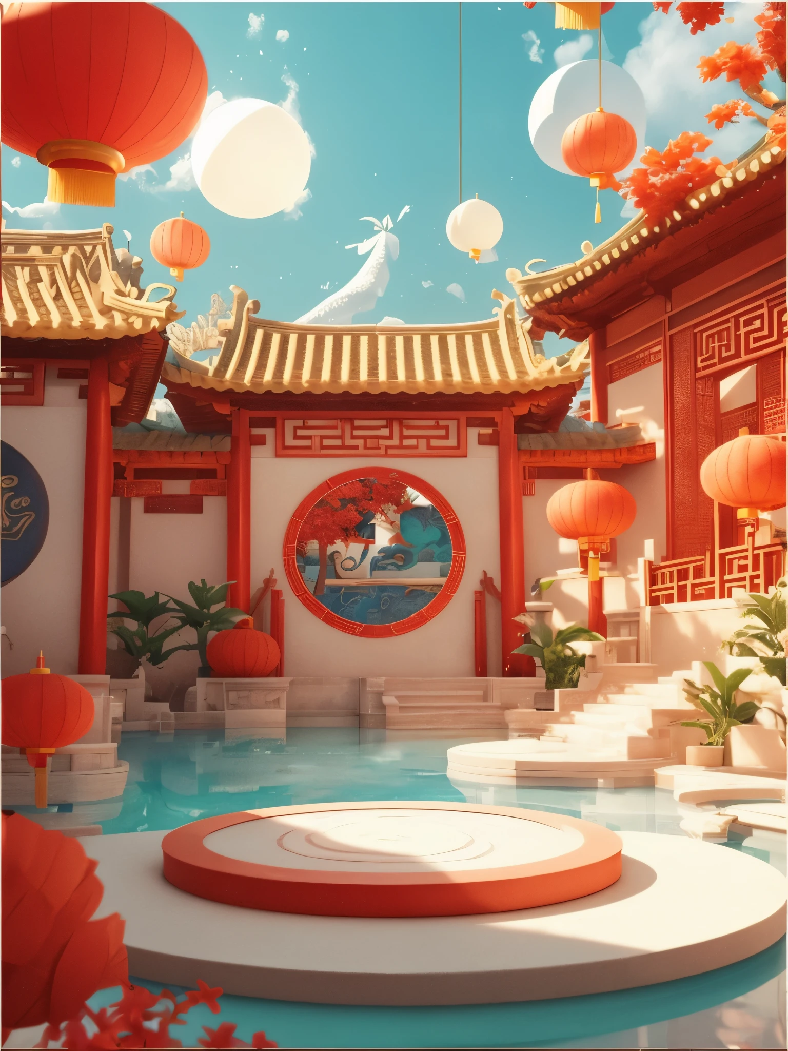 There is a pool，There is a circular pool in the middle, Chinese style, Dream China Town, 3D stylized scene, rossdraws global illumination, Behance 3D Art Trends, Behance 3D Art Trends, 3D rendering stylization, Chinese dreamland, by Ryan Ye, Pop Japaneseism 3D Super Detailed