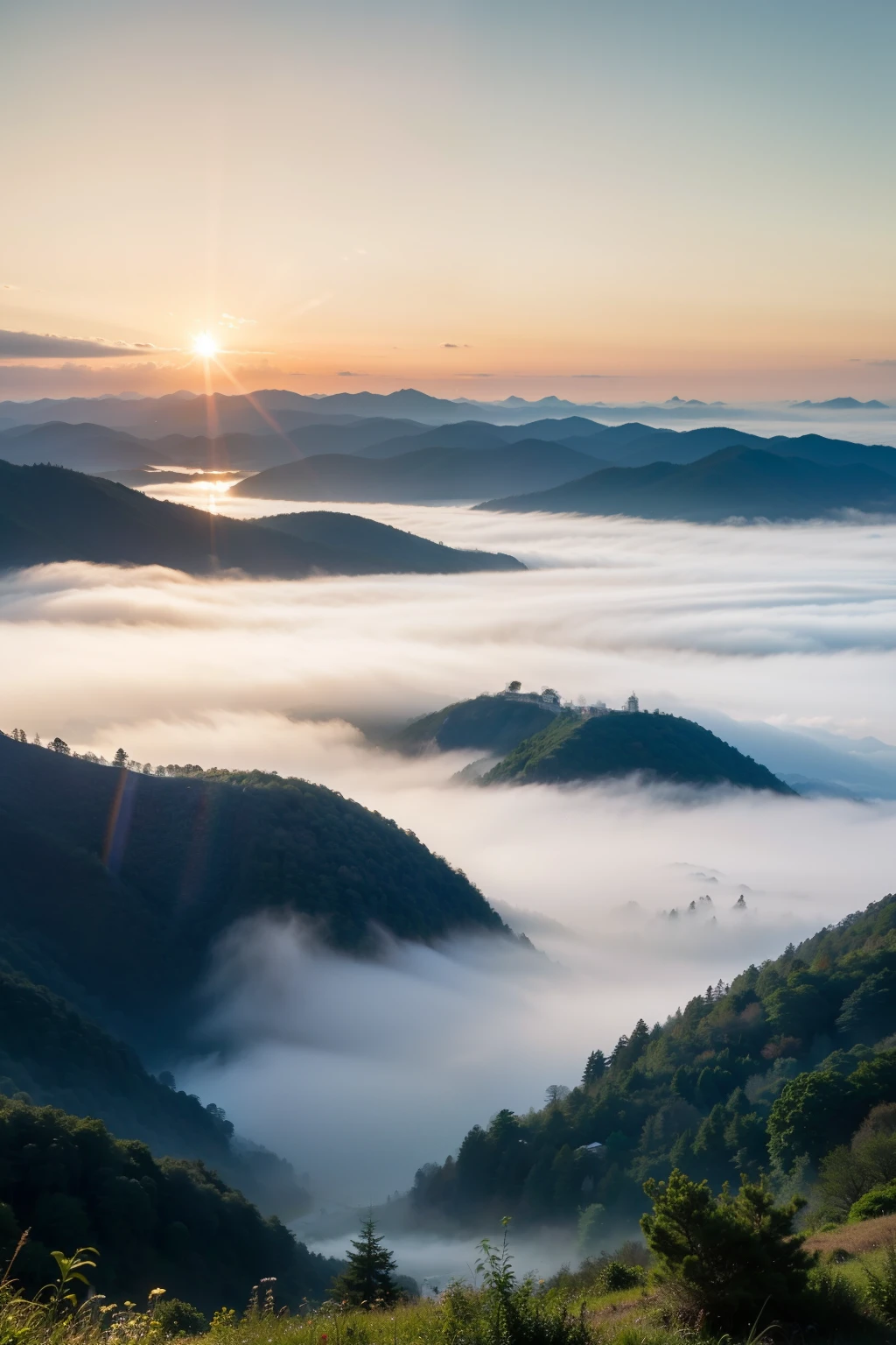Lakes and mountains，Blue water and blue sky，Green peaks like forests，The sea and the sky are the same，shrouded in mist，A sea of clouds，Sunrise and sunset，Golden glow sprinkles the earth，Reflecting the endless beauty of nature。