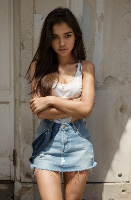 A young  girl Brazilian girl, in a sleeveless dress and short jeans,