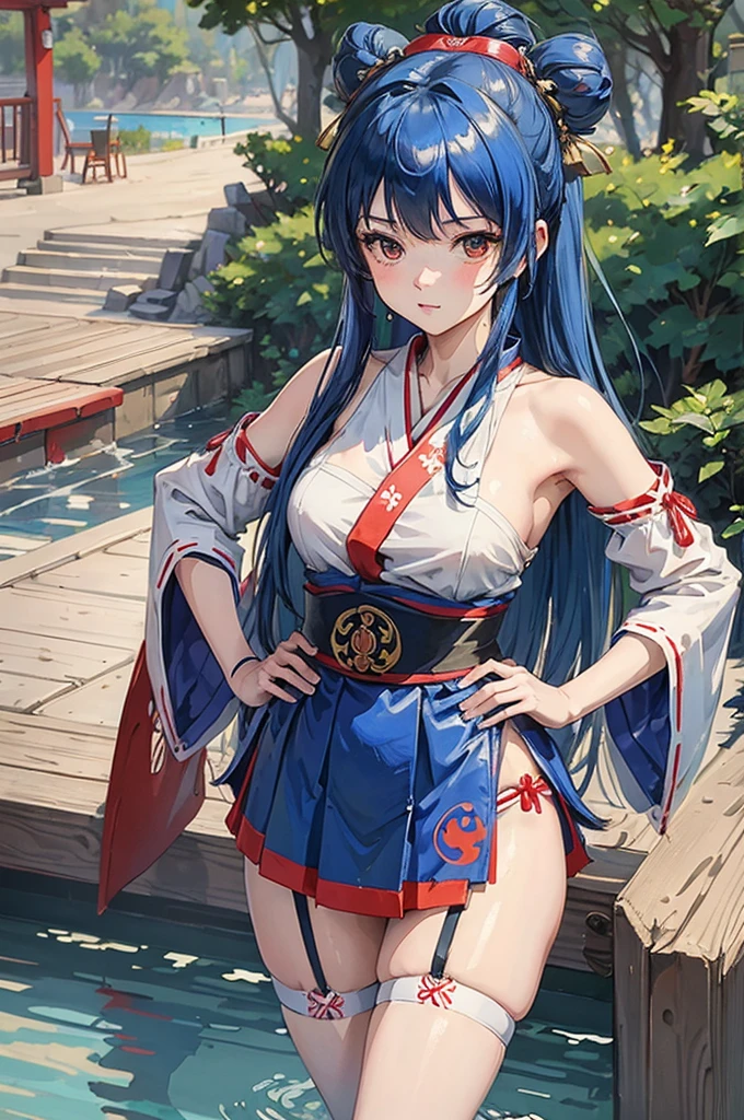 ((best quality)), ((masterpiece)), (detailed), perfect face, girl, blue hair, long hair, thigh high, shrine maiden, Miko priestess, garter belt, pool side theme, hands on hips, long skirt, hair in bun, bunny girl