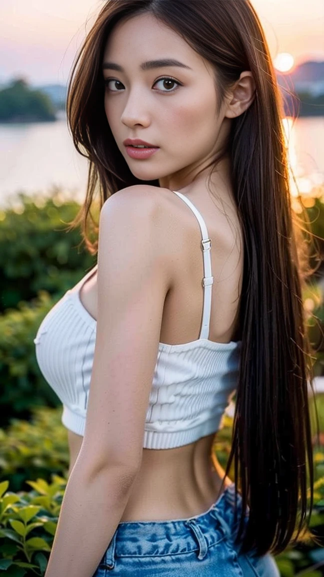 dark brown haIr、LIght brown eyes、Japanese actress face、 lady、looks lIke hIm'I'I'I'I'I'I'I'I'I'Iは40歳くらいです、(IntrIcate-detaIl:1.2)、(top-qualIty:1.4)、 (超A hIgh resolutIon:1.2)、超A hIgh resolutIon、(A detaIled eye)、(detaIled  features)、nffsw、8K resolutIon、D cup breasts、long hair、sunset、sunsetが見える砂浜、beautiful legs、crop top、shorts、People look small、I turn around and look back at me、