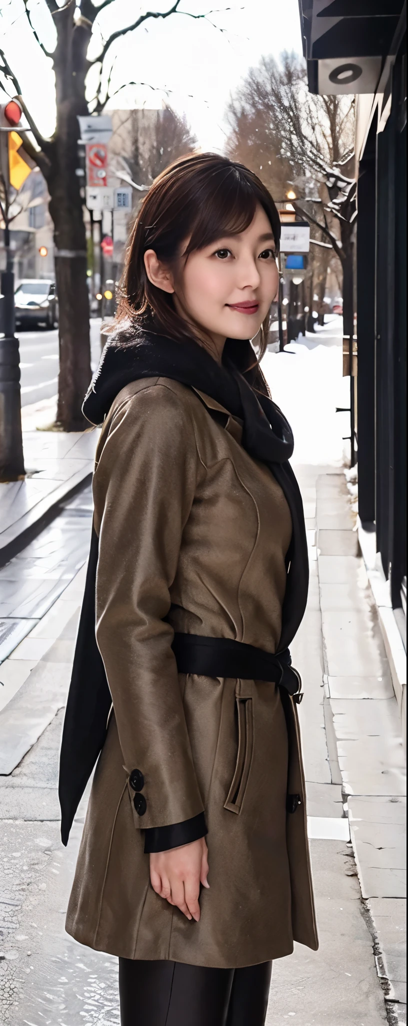 (8k, RAW photos, top quality, masterpiece: 1.2, ultra detailed, super resolution, real photos: 1.37), (Full body:1), 1 noble elegant Japanese lady, (standing contrapposte), winter season, ((black color coodinate, wearing over-size nouton coat, winter fluffy scarf, grey long skirt, legging, wearing long boots)), Shiny, Smile, Looks like 1.8 meters tall, large pelvis, Large breasts, big cuvy hips, Thin waist, Long legs, skin hyper-detail, 20 years old, Perfect face, (Detailed facial features), Wavy hair, Daylight, winter season, snazzy cafe,