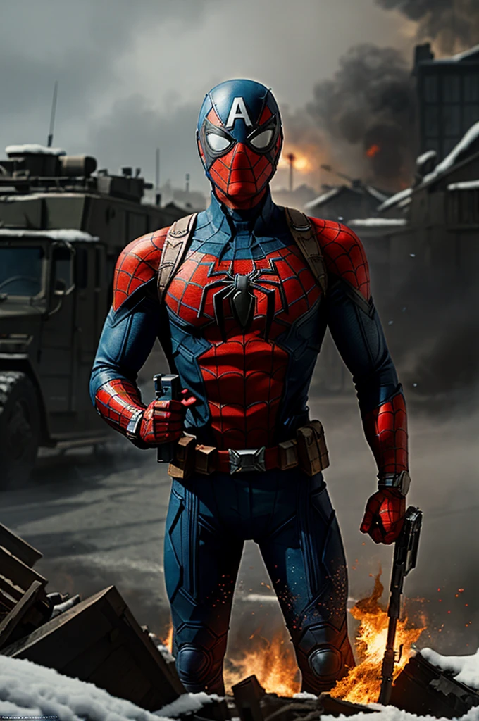Spider-Man dons Captain America's soldier helmet, holding a shield in one hand and a gun in the other, embodying the Captain America Marvel hybrid with a darker edge. Amidst the backdrop of a World War II setting, engulfed in flames, lies a fiery battlefield. With intricately detailed visuals, this ultra-realistic image showcases the harsh realities of war. Spider-Man's steel-clad limbs, reminiscent of Captain America, contrast against the snowy terrain, making for a visually stunning masterpiece. Motor irreal 5 adds depth to the scene, enhancing the overall sensory experience. The dark, gritty atmosphere