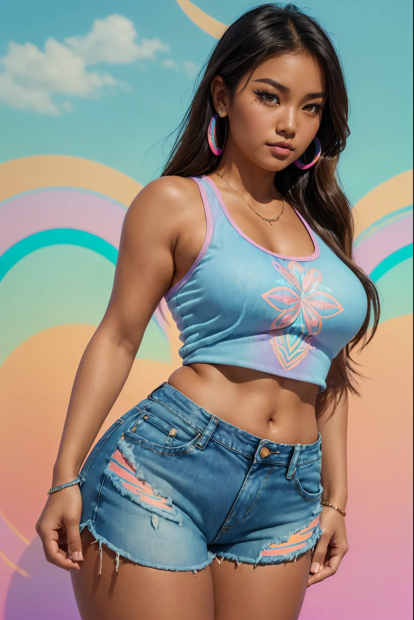 (Sexy tanned Polynesian|Asian woman, 1girl:1.2, thicc hourglass figure, perfect eyeliner:1.2), (masterpiece:1.4, best quality), medium breasts, unity 8k wallpaper, ultra detailed, (pastel background, wearing denim shorts and colorful tank top:1.3), alluring pose, upper body, ass, beautiful and aesthetic, detailed, solo