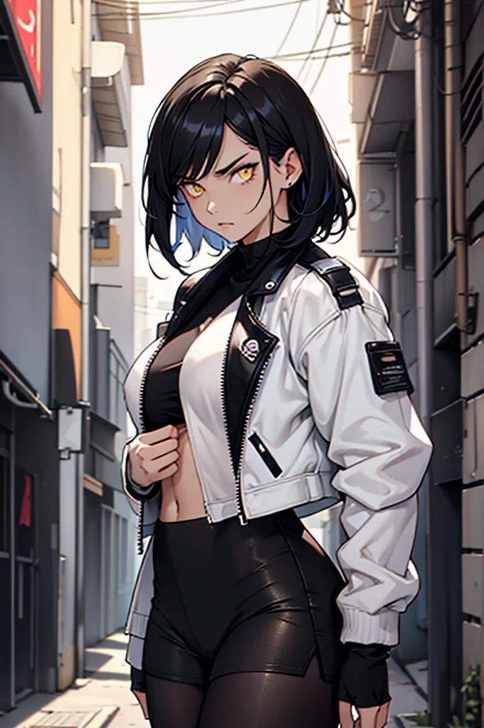 goth girl, in street, short hair, black hair, short outfits, black letter jacket, looking the viewer, 4k