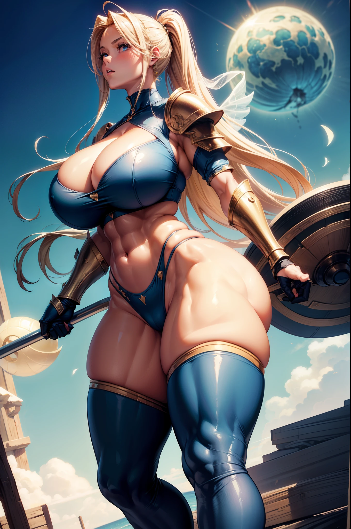 slim thick, tight waist, voluptuous, hourglass figure, trim waist, thick thighs, thicc, perfect body, super wide hips,  bearing hips, (front view:1.4), (full body shot: 1.3), huge butt, bubble butt, beautiful face, detailed, ((gigantomastia)), ((macromastia)), (((gigantic breasts))), (Ultra Quality, Masterpiece, Ethereal:1.4), muscular, toned abs, Has a supernaturally beautiful face, Her figure is very sexy, gigantic cleavage breasts, (Perfect anatomy), Heavy breasts, Fitness buttocks, 1 woman, solo, long blonde hair in a ponytail, metal bikini armor, warrior, hero, fantasy