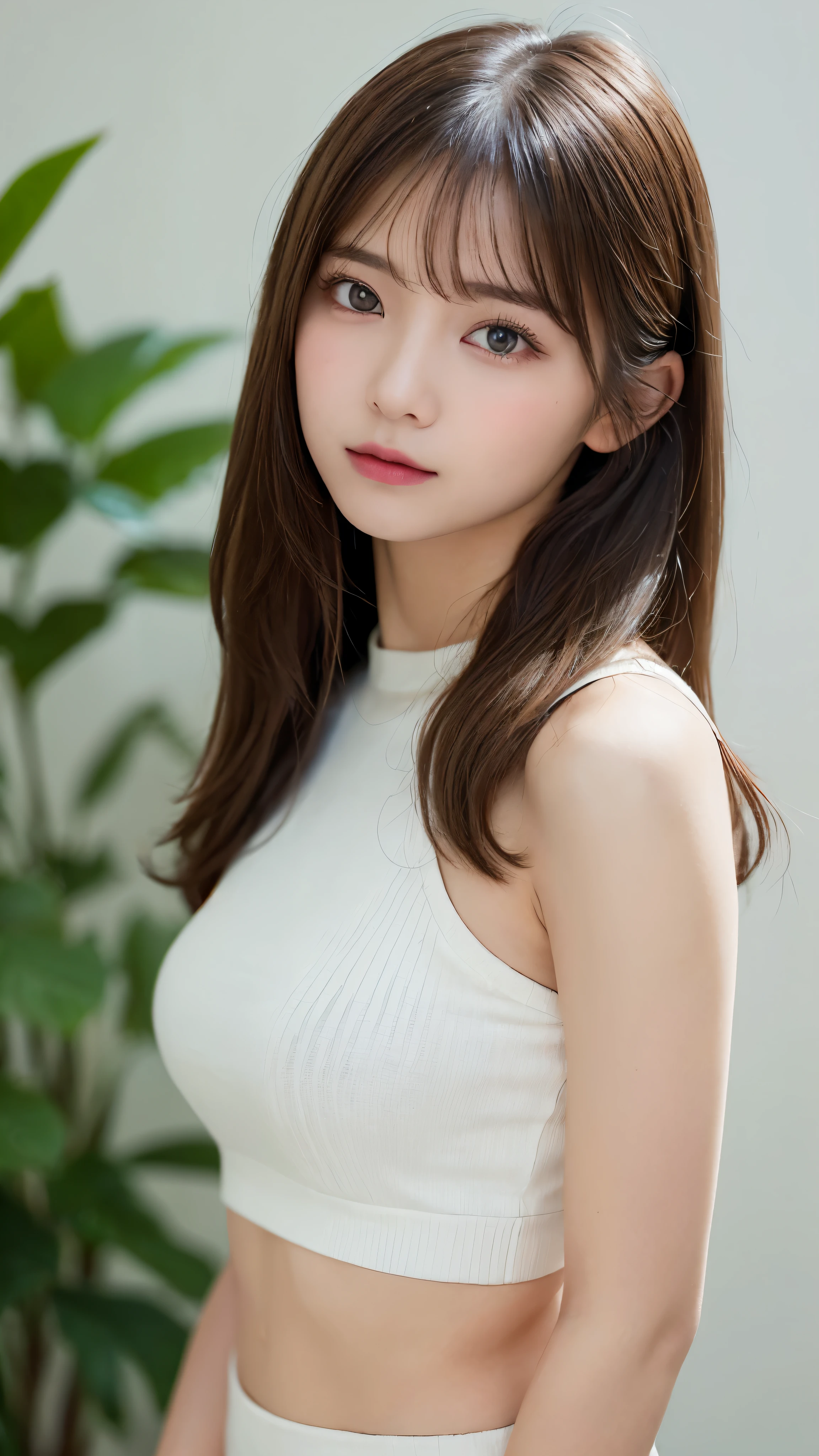 (masterpiece:1.5)、(realistic:1.5)、(highest quality:1.4、8K、RAW photo)、
ultra high resolution、professional lighting、perfect dynamic composition、indoors、
film grain、chromatic aberration、(Bokeh:1.1)、
Frank、Sophisticated、Charm、surreal、high detail、golden ratio、
(1 girl)、slender girl、繊細でCharm女の子、cute woman:1.4、
serious expression、looking at the viewer、
light brown hair、shining hair、Random cute hairstyles、
skin that looks real、
close your mouth、fine eyes、double eyelid、thin arms、
(wearing a thin white crop top)