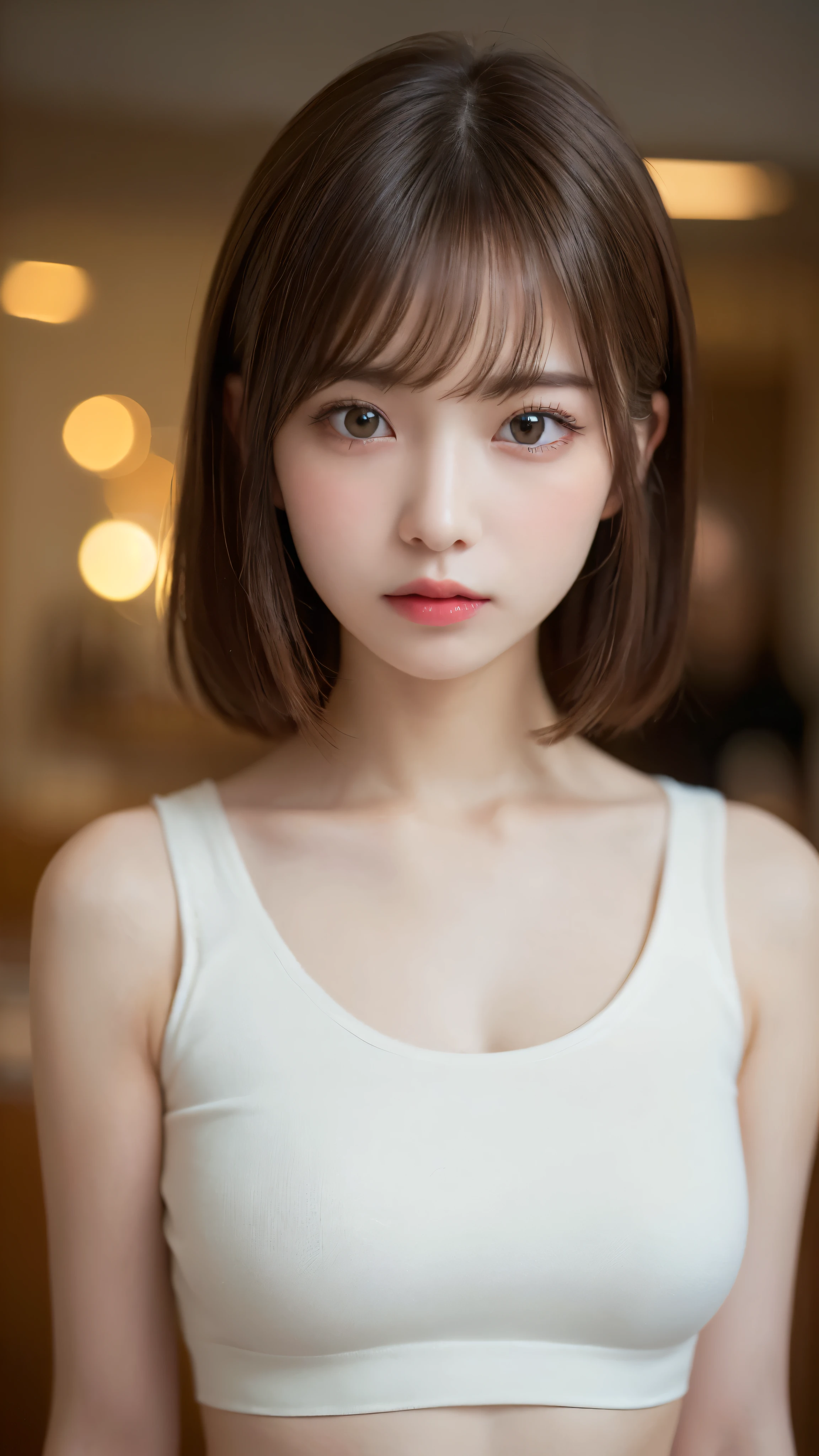 (masterpiece:1.5)、(realistic:1.5)、(highest quality:1.4、8K、RAW photo)、
ultra high resolution、professional lighting、perfect dynamic composition、indoors、
film grain、chromatic aberration、(Bokeh:1.1)、
Frank、Sophisticated、Charm、surreal、high detail、golden ratio、
(1 girl)、slender girl、繊細でCharm女の子、cute woman:1.4、
serious expression、looking at the viewer、
light brown hair、shining hair、Random cute hairstyles、
skin that looks real、
close your mouth、fine eyes、double eyelid、thin arms、
(wearing a thin white crop top)