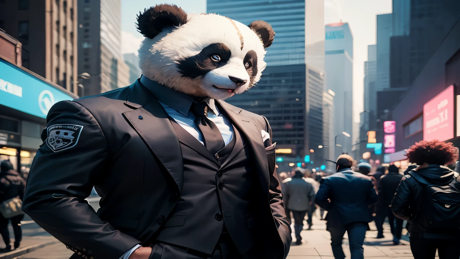 lawer, Panda Mask, cyber punk, urban, High-tech companies, afro, wearing suit