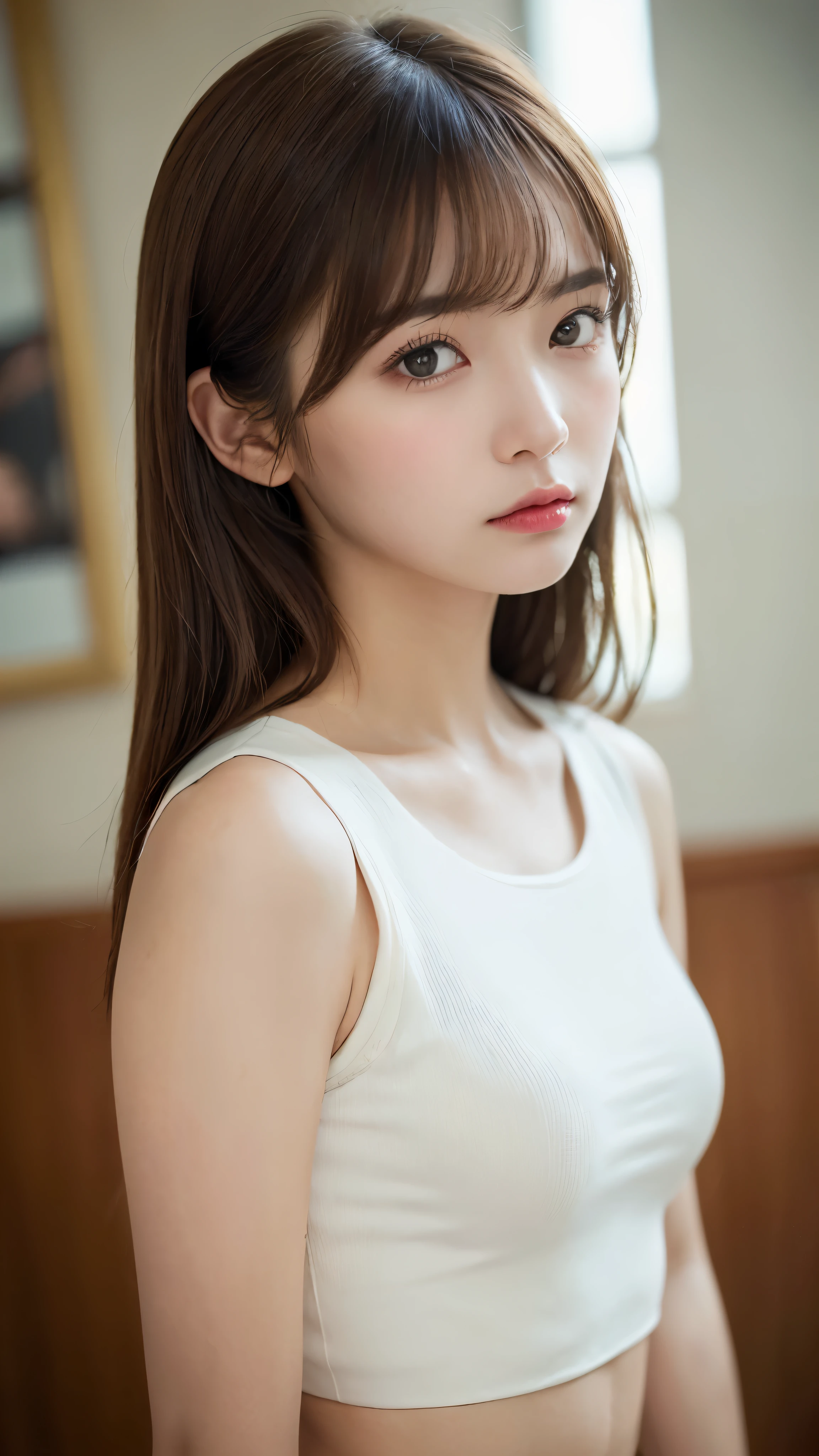 (masterpiece:1.5)、(realistic:1.5)、(highest quality:1.4、8K、RAW photo)、
ultra high resolution、professional lighting、perfect dynamic composition、indoors、
film grain、chromatic aberration、(Bokeh:1.1)、
Frank、Sophisticated、Charm、surreal、high detail、golden ratio、
(1 girl)、slender girl、繊細でCharm女の子、cute woman:1.4、
serious expression、looking at the viewer、
light brown hair、shining hair、Random cute hairstyles、
skin that looks real、
close your mouth、fine eyes、double eyelid、thin arms、
(wearing a thin white crop top)