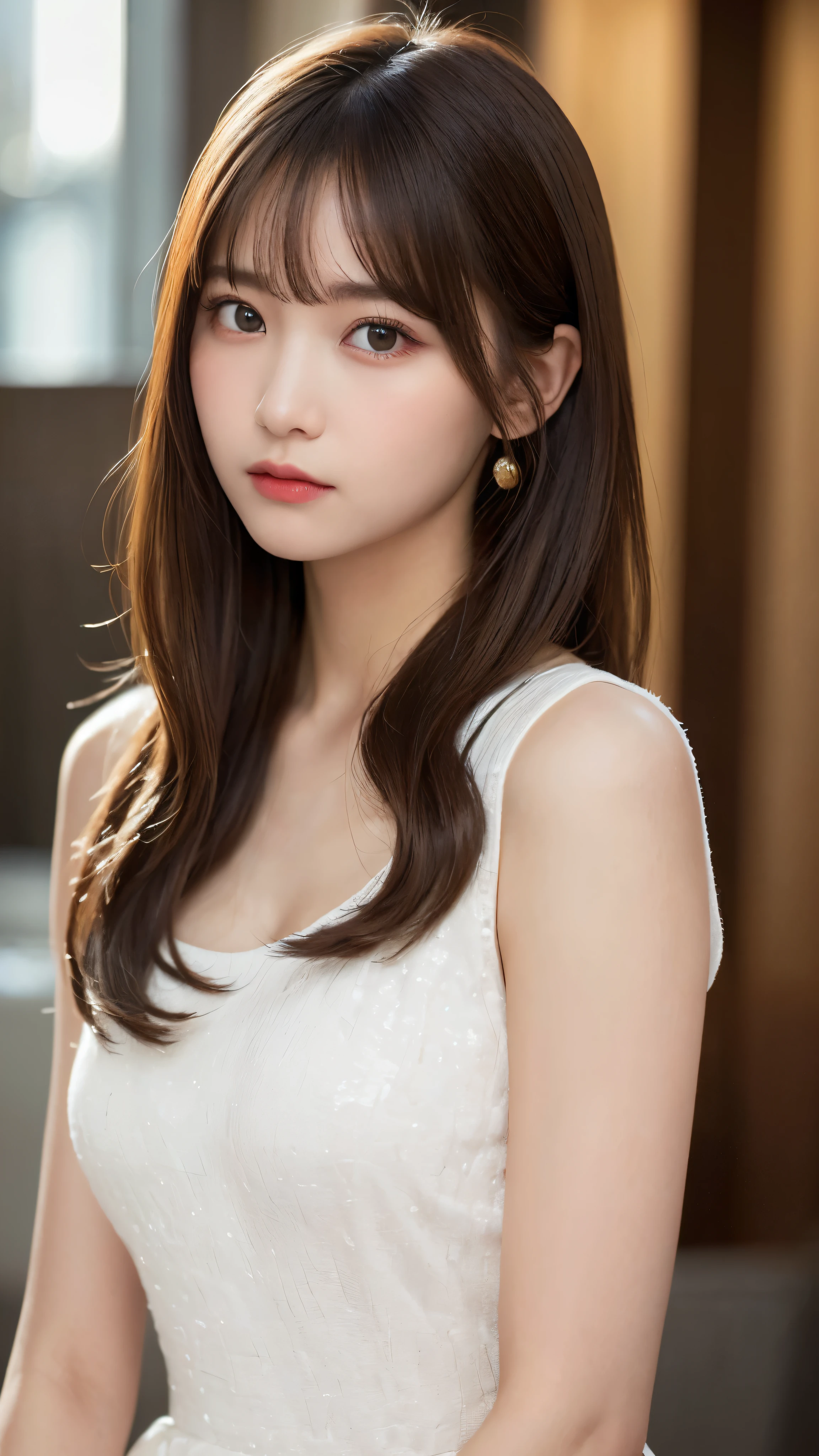 (((Browsing Caution)))、(masterpiece:1.5)、(Realistic:1.5)、(Highest quality:1.4、8K、RAW Photos)、 Ultra-high resolution、Professional Lighting、Perfect dynamic composition、Shot indoors、 Film Grain、chromatic aberration、(Bokeh:1.1)、 Frank、Sophisticated、charm、超Realistic、High detail、Golden Ratio、 (1 Girl)、Slender girl、繊細でcharm女の子、Cute Woman:1.4、 Serious expression、Looking at the audience、Sculpture Pose、Hands on hips、Sitting on the bed、Light brown hair、Shiny Hair、Hairstyle: Ponytail、 Realistic looking skin、 Shut your mouth.、Beautiful Eyes、double eyelid、Thin arms、Show off your thighs