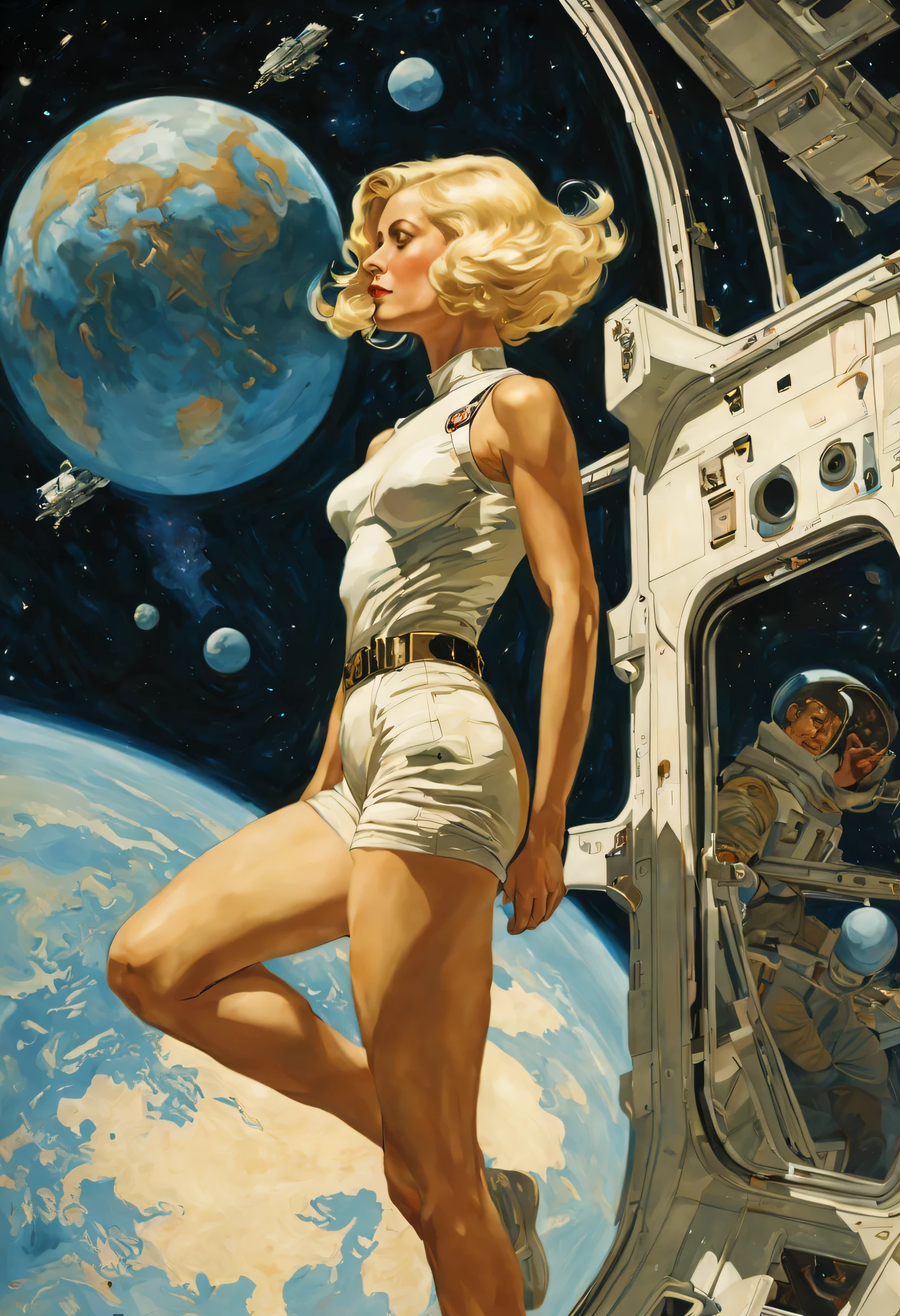 Full body shot, profile view of a blonde, floating weightless, space station. She is wearing short shorts, and looking outside towards earth. She is melancholic, and is thinking of her family back on earth. Art by J.C. Leyendecker
