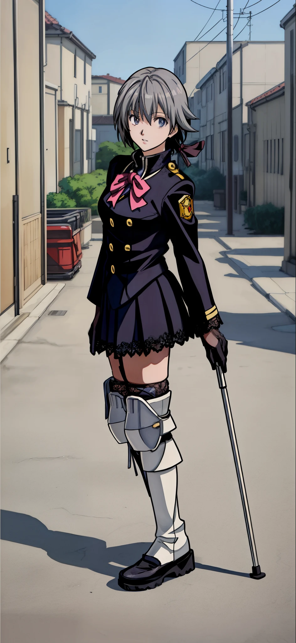 (highest quality,4K,8K,High resolution,table top:1.2), Super detailed, (realistic,photorealistic,photo-realistic:1.37), ((legs close up)),sickly beautiful girl, panic, I was surprised,((gray hair color)),((medium long hair)), ((Pushing crutches into the ground with both hands)),((hair above the eyes)),((high school girl uniform)),((Wear black open finger gloves)),((Black Lace Up Long Boots)),((knee pads)),((Leg Brace)),espadrilles,beautiful and detailed eyes, beautiful detailed lips, highly detailed eyes and face, long eyelashes, realistic anime 3D style, Smooth anime CG art, Digital rendering by Makoto Shinkai, Moe anime art style, photorealistic rendering of an anime girl, Shinkai Makoto style, Cute anime girl visuals, realistic young anime girl, girl fan art, Created by Anime Artist'studio of.