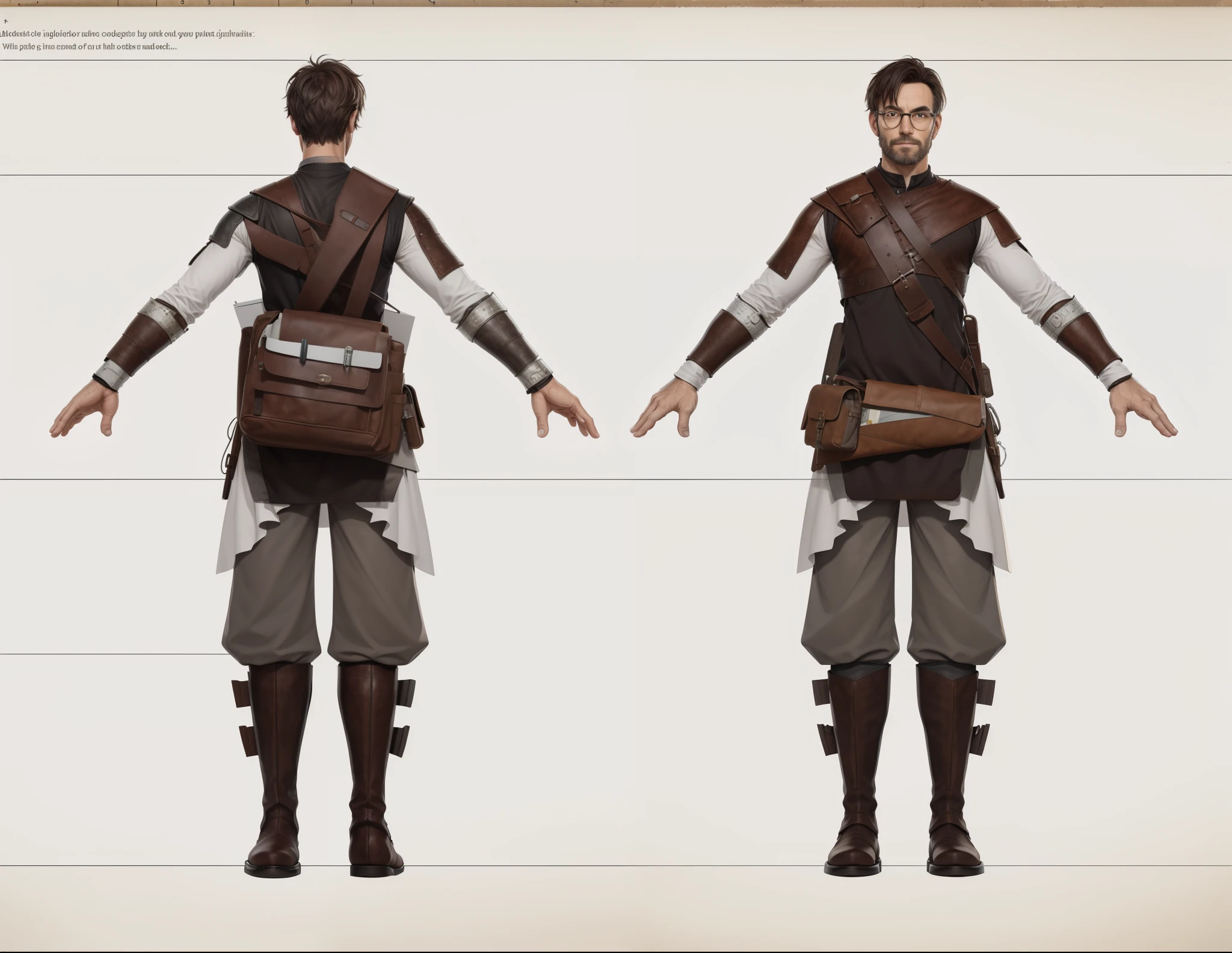 (Realistic:1.33),(masterpiece:1.1),(highest quality:1.1),(HDR:1),a close up of a man with a medieval fantasy bag and a backpack, full body character concept, full body concept, detailed full body concept art, concept shirt, detailed full body concept, full body concept art, philosopher medieval style character, game character design, concept character, full body character concept art, 3 d character reference sheet, male, video game character concept, detailed character design, character sheet, character model sheet turnaround , front and back, front and back, medieval philosopher wearing black and white shirt with leather bag full of paper, white and black costume, philosopher glasses, ( brown leather boots ), (Short sleeve shirt), short sleeve, show arm muscle, waist leather bag, Shoulder Armor with Moonlit Edges, grey clean background, leather bag with T-square and pencil, leather bag with ruler, t ruler scale, T-square at the bag
