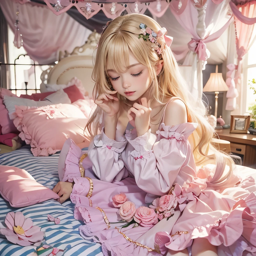 highest quality, masterpiece, highest resolution, artwork, super be familiar with, many detailed, detailed, be familiar with, woman, , pink bed,king size bed,canopy bed,pink frilled pillows,pink frilled curtain,pajama girl ,pink pajama frilled pajama,long skirt,frill and ribbon nightcap,long sleeve,Ruffled sleeves,blonde,Rolled hair,blue eyes,sleeping face,beautiful girls,Eyes closed,Plush pillow,Fluffy futon,ruffle futon,