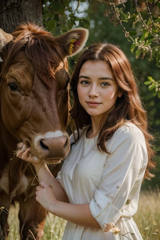 (highres:1.2), (realistic:1.37), (best quality,4k,8k,highres,masterpiece:1.2), ultra-detailed, beautiful girl in glasses with vibrant red hair, detailed eyes, and soft lips, hugs a gentle cow. The girl's mesmerizing gaze captivates the viewer's attention, and her warm smile radiates pure joy. The cow, featured in a black and white portrait view, exudes a sense of tranquility and innocence. The girl's red hair beautifully contrasts with the cow's monochrome colors, creating a visually striking composition.
The farm-style postcard setting adds a nostalgic charm to the scene. The background showcases a picturesque countryside landscape, with rolling hills and lush green fields dotted with wildflowers. The warm sunlight gently filters through the branches of towering trees, casting a soft, golden glow on the girl and the cow. The air carries the scent of freshly cut grass and the gentle whispers of rustling leaves, creating a serene atmosphere that invites the viewer to immerse themselves in the peacefulness of the moment.
The artwork's medium is a captivating mix of realistic oil painting and fine pencil detailing. The artist's masterful strokes bring each detail to life, from the intricate patterns on the cow's hide to the delicate strands of the girl's vibrant red hair. The artwork's ultra-detailed quality allows the viewer to appreciate the subtle nuances and textures, making the scene feel incredibly lifelike.
The art style blends elements of portraiture and landscape, seamlessly merging the girl and the cow with their enchanting surroundings. The vibrant colors and rich textures evoke a sense of warmth and contentment, inviting the viewer to feel a deep connection with nature and the beauty it holds.
The color palette features warm, earthy tones, accentuated by pops of vibrant red in the girl's hair and subtle hints of green and yellow in the fields and foliage. The interplay of light and shadow adds depth and dimension to the artwork, creating a visually dynamic composition.
The lighting in the scene highlights the girl's and the cow's features, casting soft, natural shadows that enhance their three-dimensional quality. The strategic placement of light sources creates a captivating interplay of highlights and shadows, accentuating the textures and contours of the subjects.
This heartfelt artwork will transport viewers to a serene countryside setting, where the bond between a girl and her cow transcends language and speaks to the universal language of love and connection. The detailed execution and masterful craftsmanship make this artwork a true masterpiece, capturing a moment of pure joy and serenity that will touch the hearts of all who behold it.