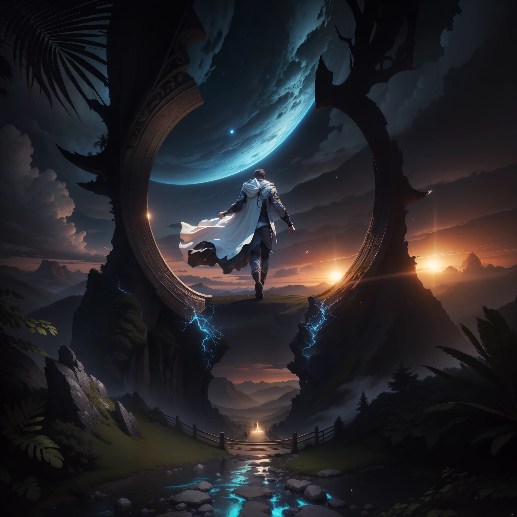 man, landscape, nature, mountains, paths, path, path to heavens, palm trees, alone, alone, straight path, natural view, divine, clouds, cloud, heavens, sky, sun, detailed sky, path to, back, manly, manly, manly, vigorous, strong, well dressed, tunic, decent, walk, run, path, beauty path, life path, nature, beautiful place, paradise, back, walking, looking at the straight path,  Direction photorealism, photorealistic, Ultra HD, 4K, detailed textures, futuristic colors, detailed colors,