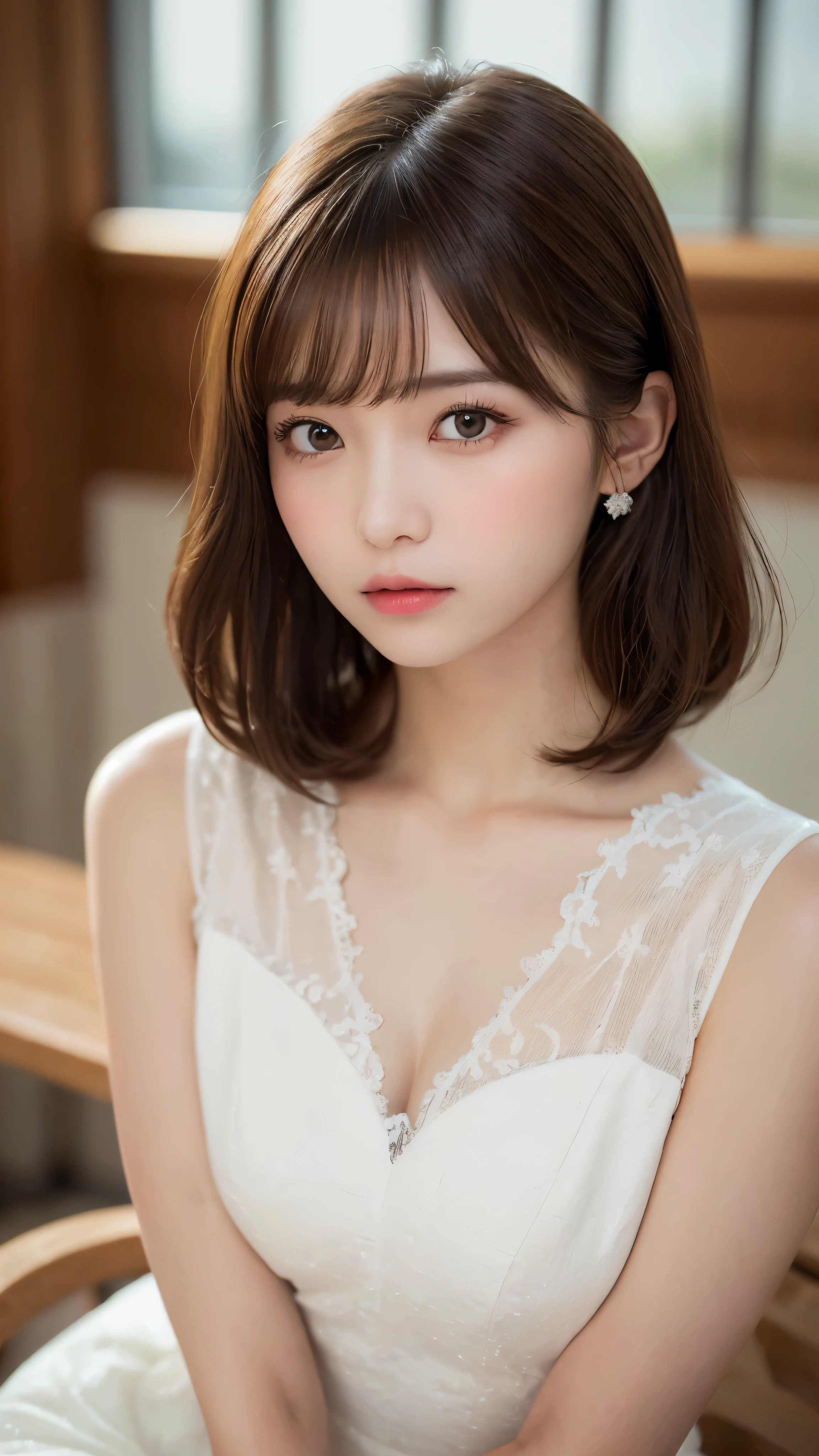 (masterpiece:1.5)、(realistic:1.5)、(highest quality:1.4、8K、RAW photo)、
ultra high resolution、professional lighting、perfect dynamic composition、indoors、
film grain、chromatic aberration、(Bokeh:1.1)、
Frank、Sophisticated、Charm、surreal、high detail、golden ratio、
(1 girl)、slender girl、繊細でCharm女の子、cute woman:1.4、
serious expression、looking at the viewer、
light brown hair、shining hair、Random cute hairstyles、
skin that looks real、
close your mouth、fine eyes、double eyelid、thin arms、
(white dress:1.4)