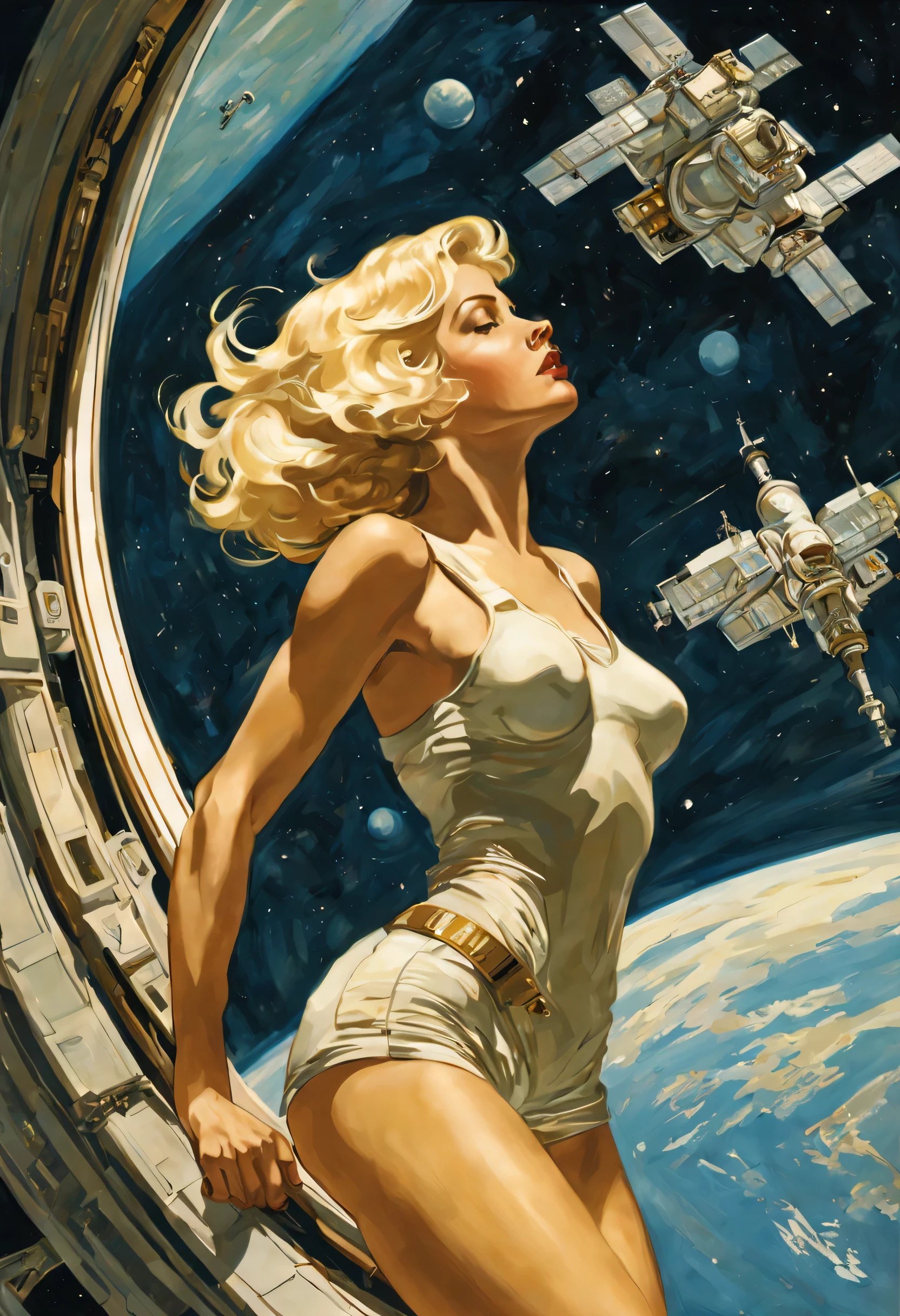 Full body shot, profile view of a blonde, floating weightless, space station. She is wearing short shorts, and looking outside towards earth. She is melancholic, and is thinking of her family back on earth. Art by J.C. Leyendecker
