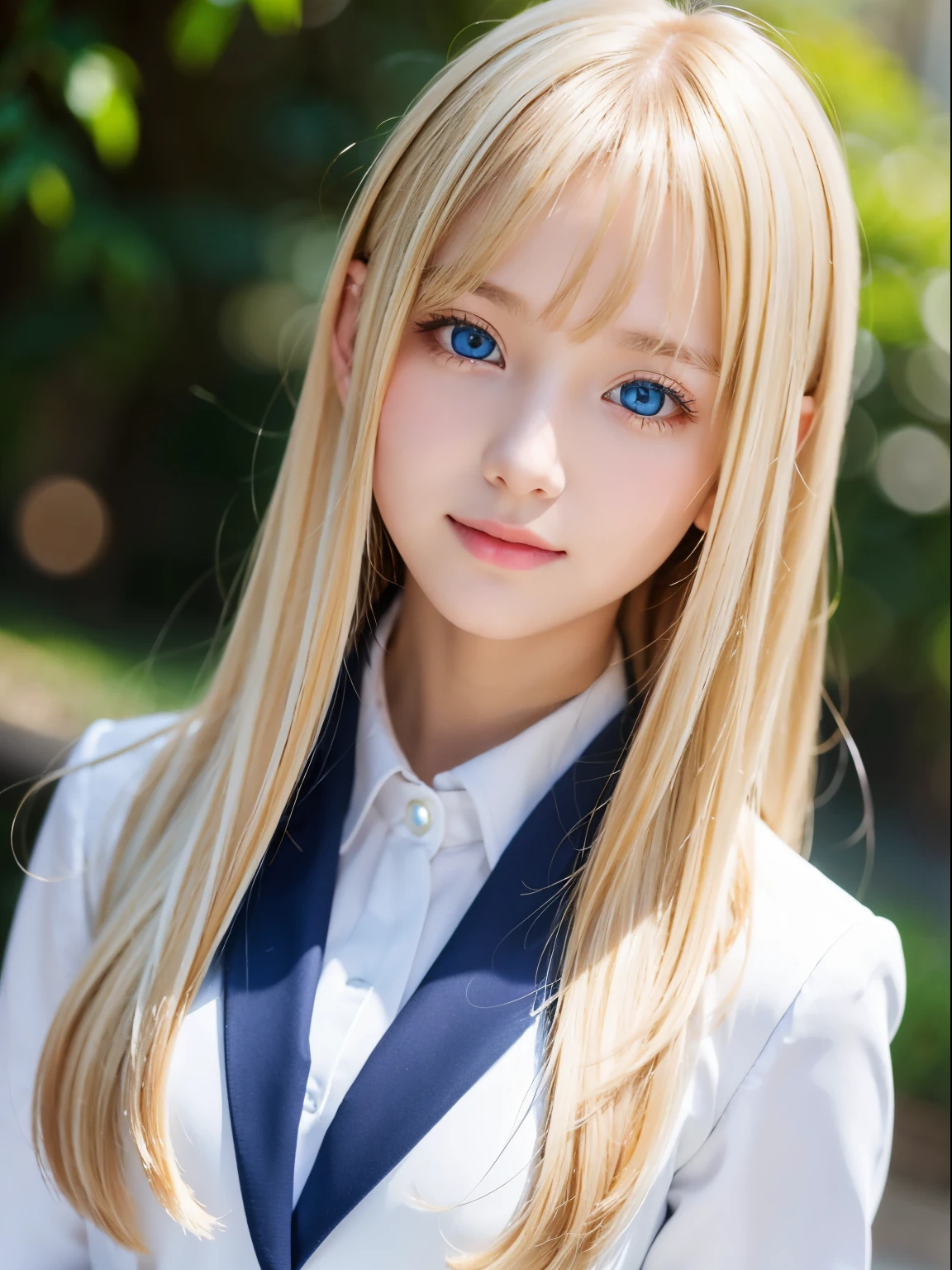 Portrait、school uniform、bright look、young shiny glossy white shiny skin、best beauty、very beautiful blonde hair、blonde hair with dazzling highlights、shiny bright hair、Super long straight hair、Shining beautiful bangs、Sparkling clear and charming big pale blue eyes、very beautiful lovely cute 16 year old girl、rich bust、small face beauty、