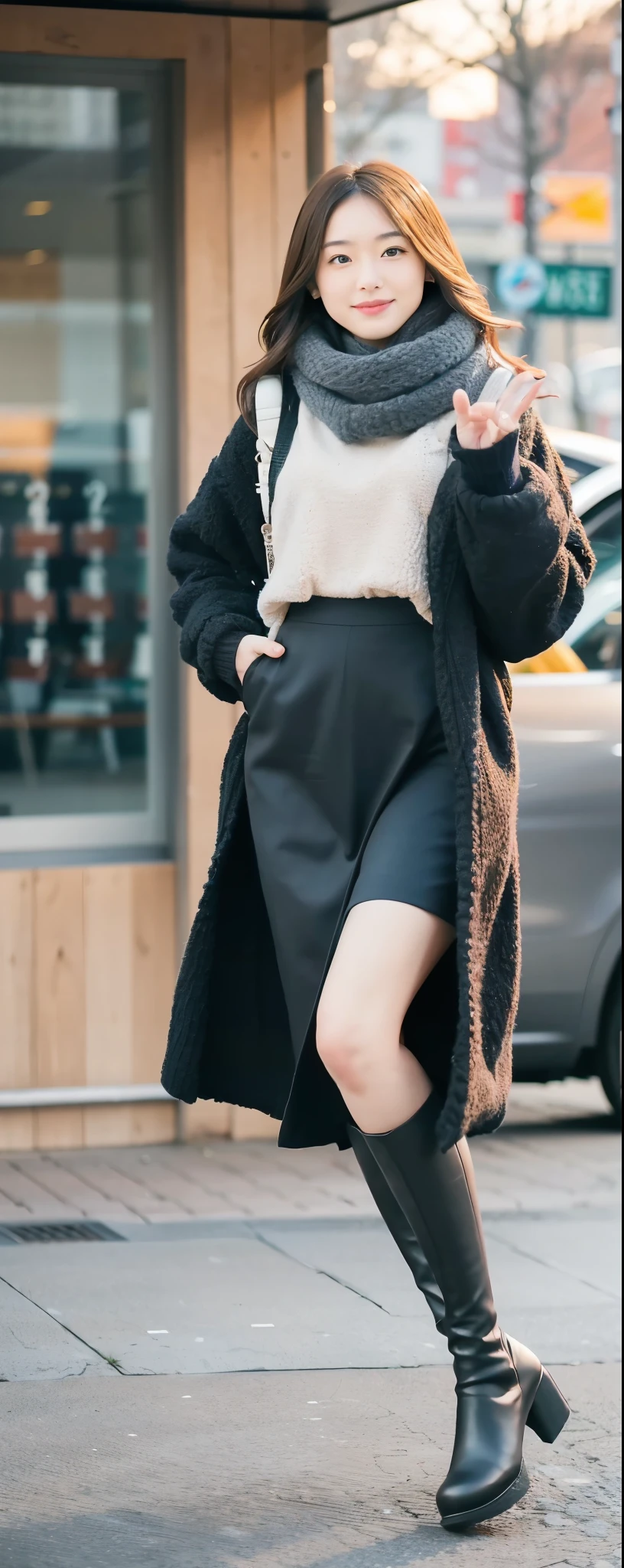 (8k, RAW photos, top quality, masterpiece: 1.2, ultra detailed, super resolution, real photos: 1.37), (Full body:1), 1 noble elegant Japanese lady, (standing contrapposte), winter season, ((black color coodinate, wearing over-size nouton coat, winter fluffy scarf, grey long skirt, legging, wearing long boots)), Shiny, Smile, Looks like 1.8 meters tall, large pelvis, Large breasts, big cuvy hips, Thin waist, Long legs, skin hyper-detail, 20 years old, Perfect face, (Detailed facial features), Wavy hair, Daylight, autumn season, snazzy cafe,