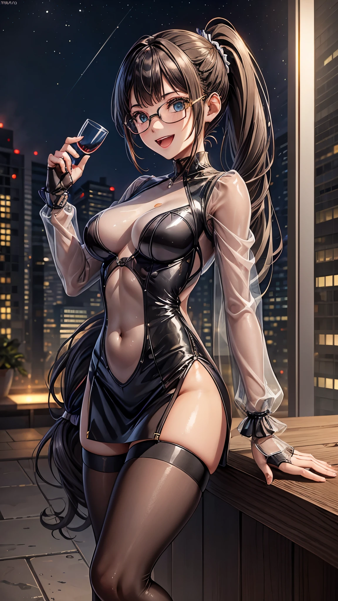 woman,20-year-old,,city,night,tight mini skirt bodysuit,(),open mouth smile((See-through))glasses,((beautiful long ponytail))