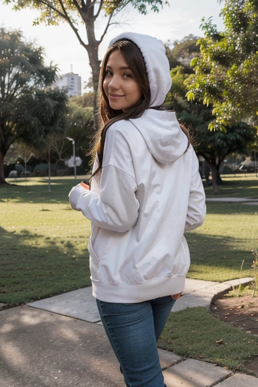 Chica hermosa caminando descalza en el pasto de un parque, She is happy, usa una falda tableada color blanco y una hoddie, ella tiene senos grandes y culo parado, no es flaca, tiene cuerpo normal, ella es muy coqueta para las fotos