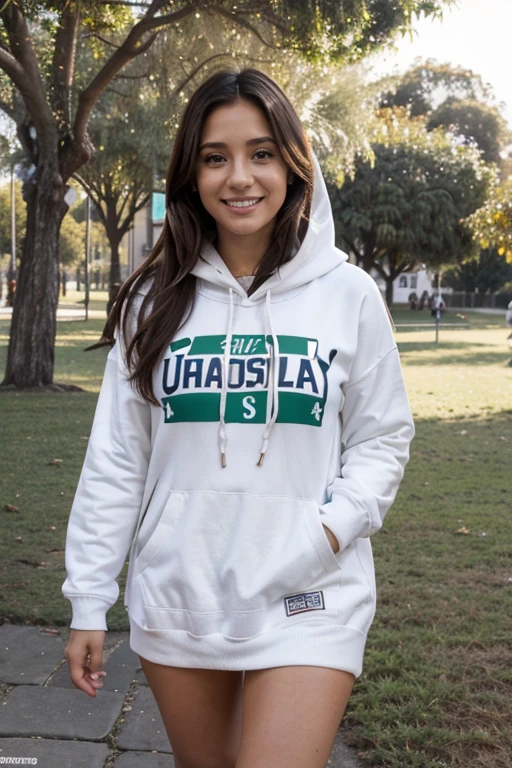 Chica hermosa caminando descalza en el pasto de un parque, She is happy, usa una falda tableada color blanco y una hoddie, ella tiene senos grandes y culo parado, no es flaca, tiene cuerpo normal, ella es muy coqueta para las fotos