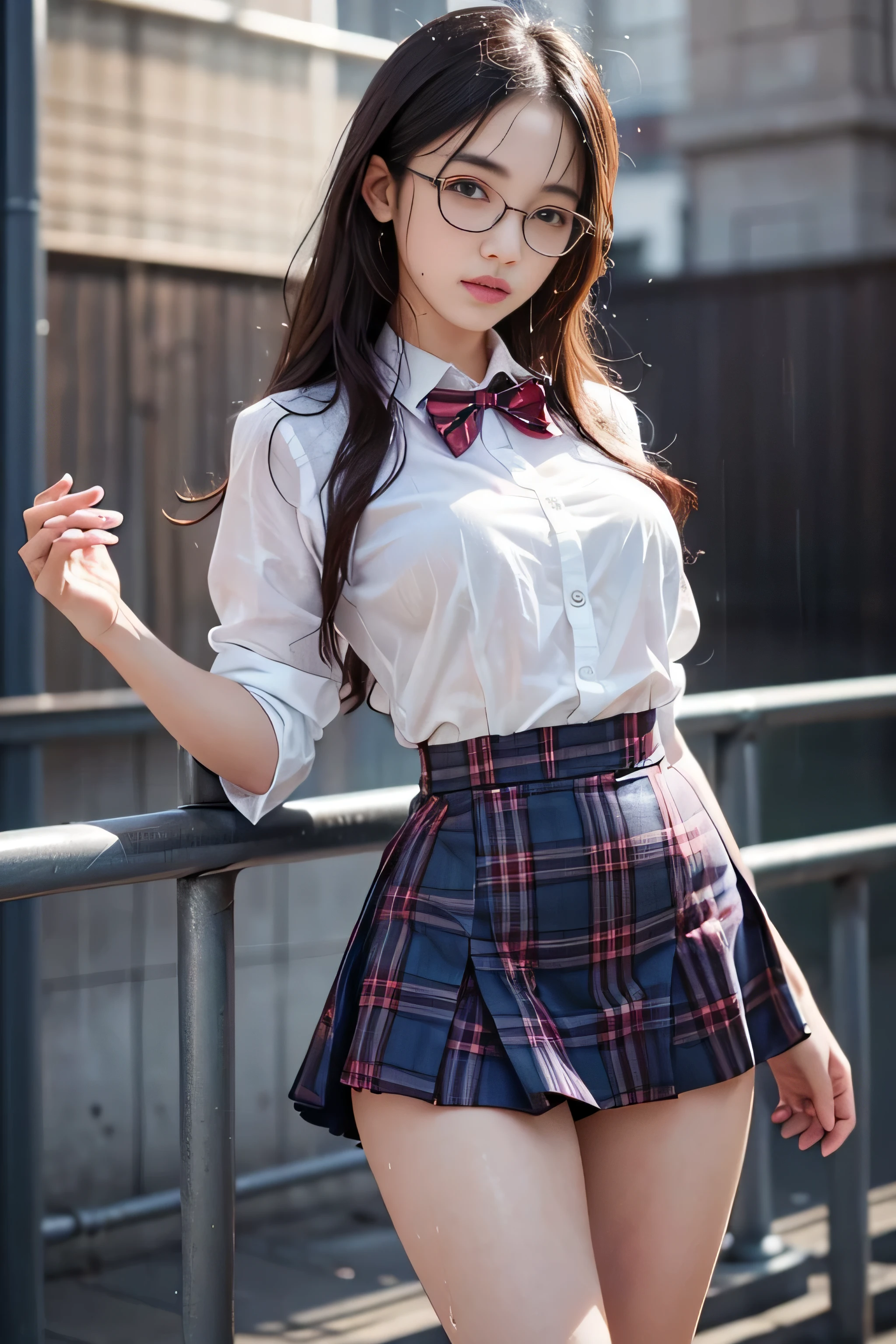 ((High school girl walking on the school stairs)),((wet white blouse、red bow tie、Dark blue checked skirt)). 40k, photograph, table top, highest quality, Rainy Pattern Background, ((1 Gorgeous wet light hair girl with beautiful eyes, she wears glasses on her beautiful face, )). white skin, Versatile poses.((Medium chest,:1.1)), highest quality, table top, ultra high resolution, (realistic:1.4), RAWphotograph, (perfect body shape), (slim:1.3), slimな腹部, Perfect slim figure, dynamic pose, (((big :0.9))), alone, Cold light 12000K, very detailed facial and skin texture, fine eyes, realistic eyes, 美しくfine eyes, (realistic skin), charm, ultra high resolution, 超realistic, very detailed,((she is wet))、((nipple))、(Pink T-back panties)