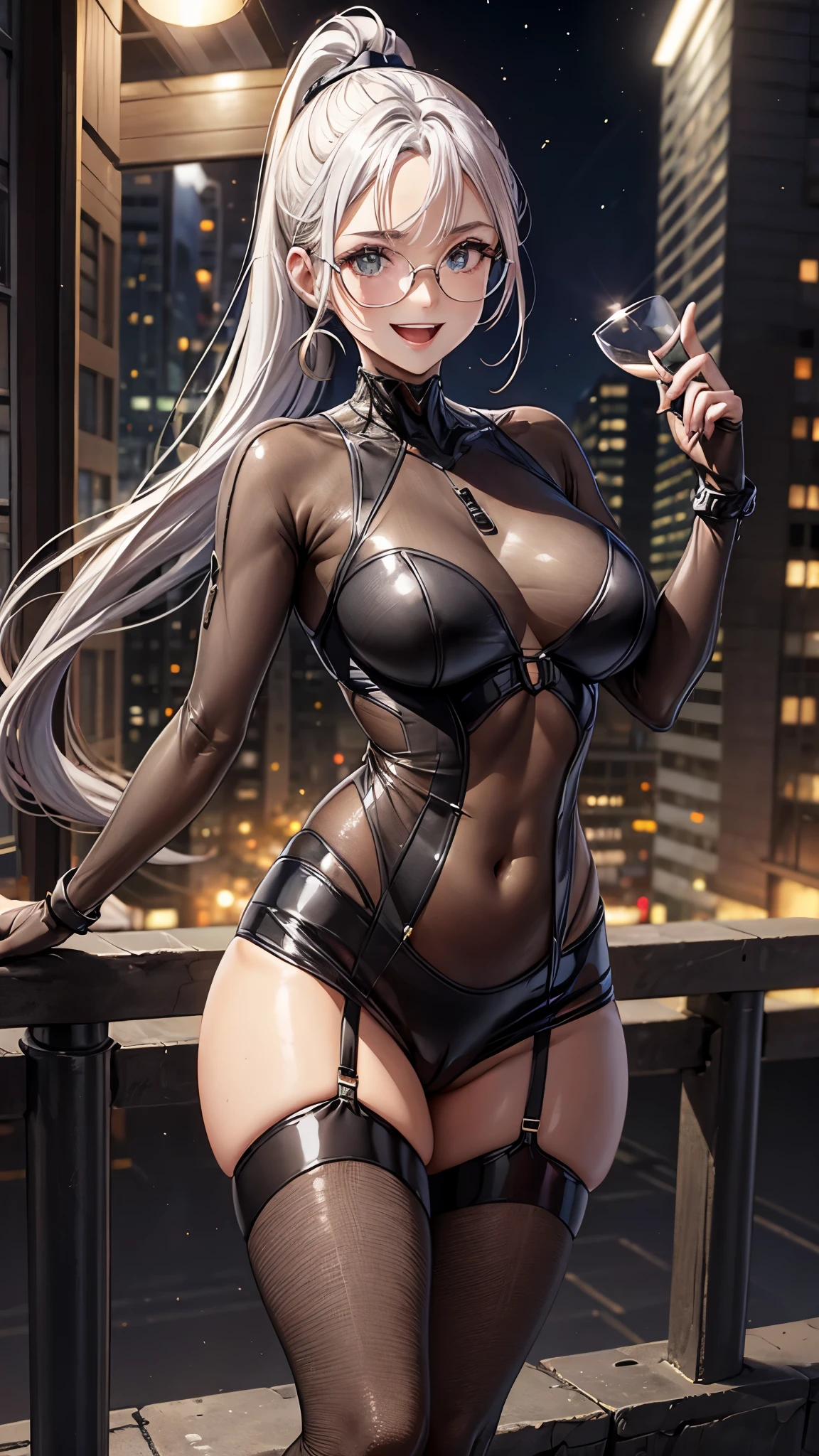 woman,20-year-old,,city,night,tight mini skirt bodysuit,(),open mouth smile((See-through))glasses,((beautiful long ponytail))