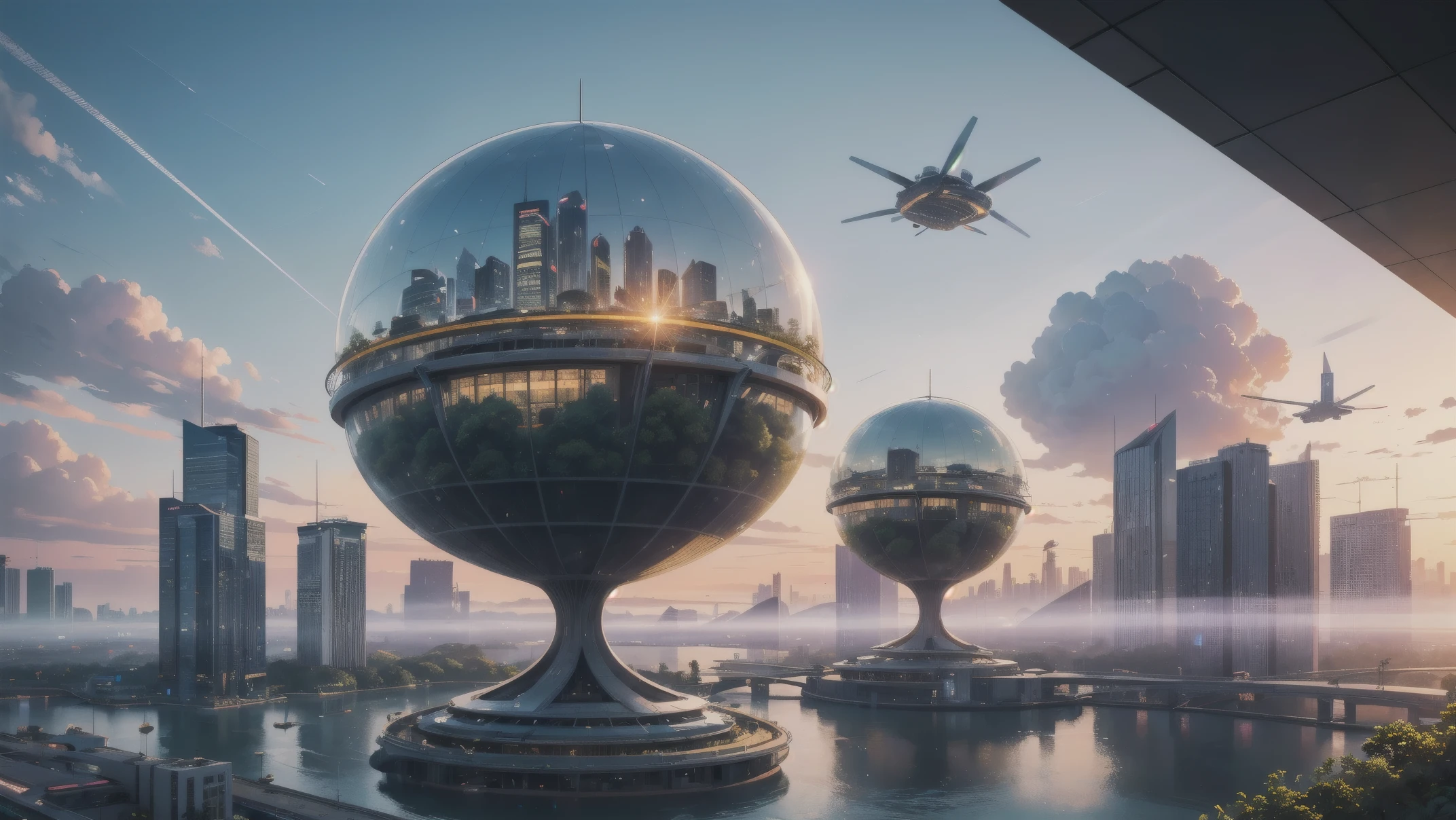 (Best quality,4K,8K,A high resolution,Masterpiece:1.2),Ultra-detailed,(Realistic,Photorealistic,photo-realistic:1.37),Futuristic floating sky city,Futuristic technology,Huge urban high-tech tablet platform,Airship,Floating in the sky,Futuristic city,Small airships around,High-tech hemispherical platform,Colorful lights,Advanced architecture,Islamic architecture,modern architecture,skyscraper,Access the cloud,Scenic beauty,view over city,Impressive design,Blend seamlessly with nature,energetic and vibrant atmosphere,Futuristic transportation system,Parking is suspended,Transparent path,Lush greenery,Sky gardens,cascading waterfalls,Magnificent skyline,reflections on the water,Sparkling river,Architectural innovation,futuristic skyscrapers,Transparent dome,The shape of the building is unusual,Elevated walkway,Impressive skyline,Glowing lights,Futuristic technology,Minimalist design,Scenic spots,Panoramic view,Cloud Piercing Tower,Vibrant colors,epic sunrise,epic sunset,Dazzling light display,magical ambiance,The future city,Urban Utopia,LuxuryLifestyle,Innovative energy,sustainable development,Smart city technology,Advanced infrastructure,Tranquil atmosphere,Nature and technology live in harmony,Awesome cityscape,Unprecedented urban planning,Architecture connects seamlessly with nature,High-tech metropolis,A cutting-edge engineering marvel,The future of urban living,Visionary architectural concept,Energy-efficient buildings,Harmony with the environment,A city floating above the clouds,Utopian dreams become reality,The possibilities are endless,State-of-the-art transportation network,Green energy integration,Innovative materials,Impressive holographic display,Advanced communication system,Breathtaking aerial view,Quiet and peaceful environment,Modernist aesthetics,Ethereal beauty