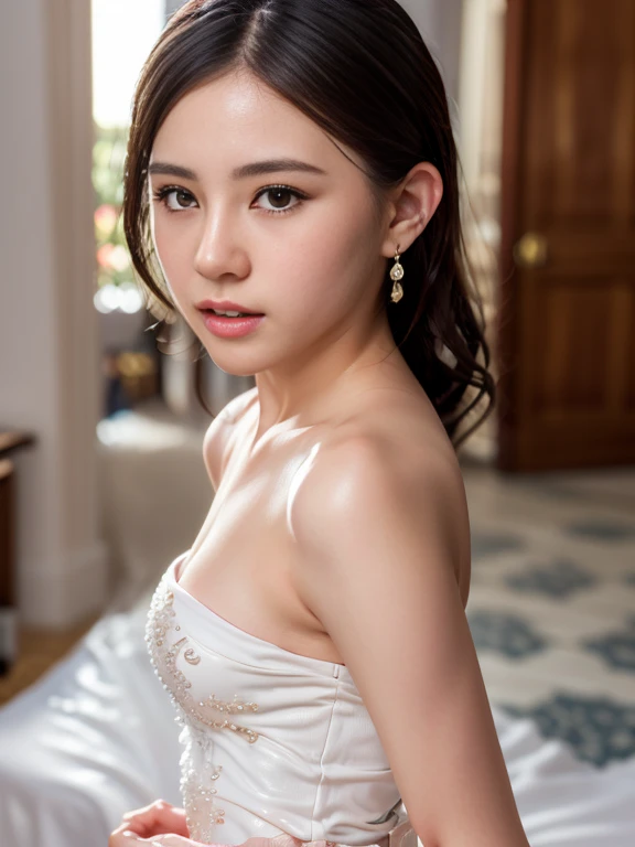 Highly detailed CG Unity 8k wallpaper, top quality, super detailed, masterpiece, realistic, photorealistic, very detailed cute girl, (25 years old), blush, round eyes, semi-body shot, white wedding dress, (curtsey), small breast