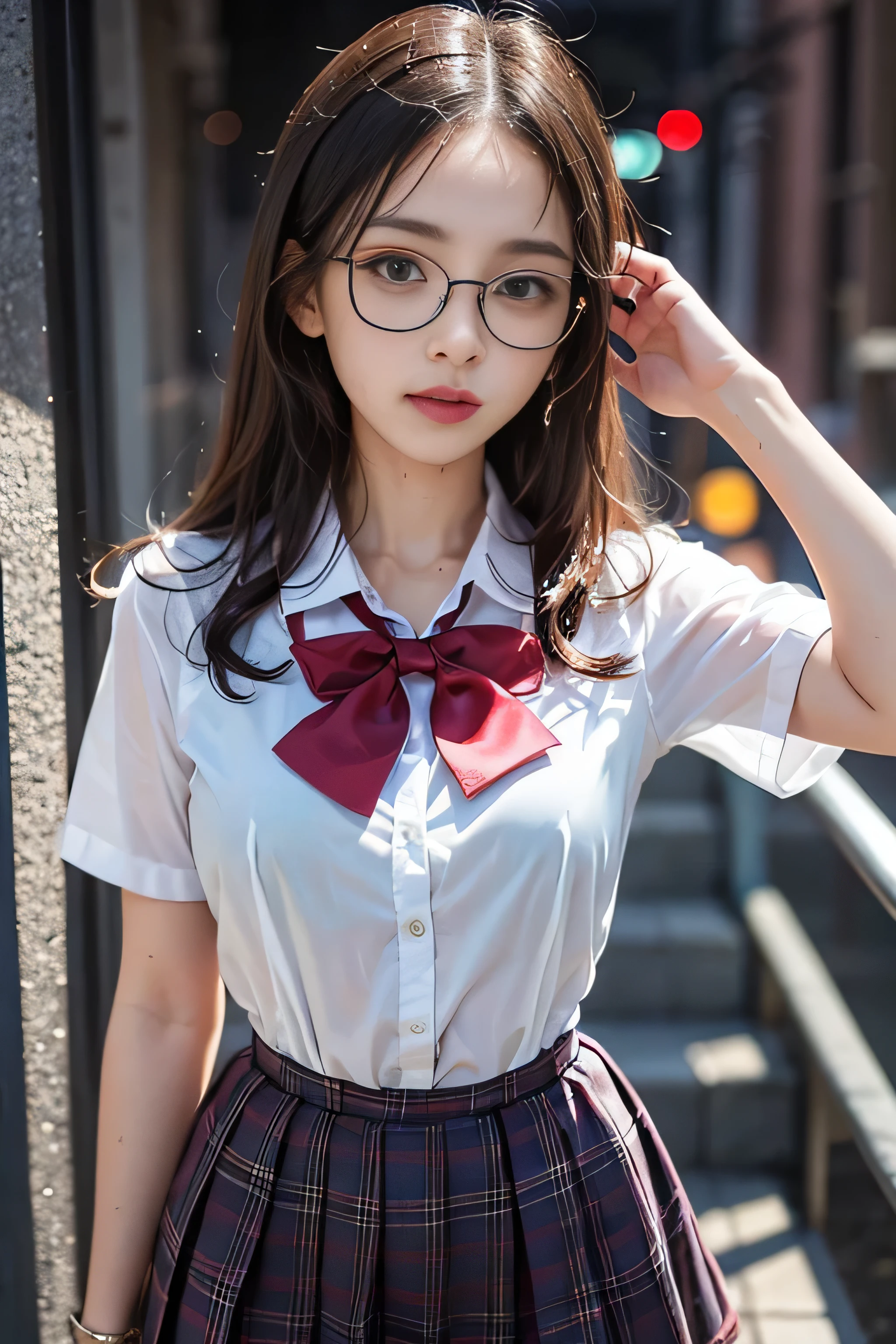 ((High school girl walking on the school stairs)),((Translucent wet white blouse、red bow tie、Dark blue checked skirt)). 40k, photograph, table top, highest quality, Rainy Pattern Background, ((1 Gorgeous wet light hair girl with beautiful eyes, she wears glasses on her beautiful face, )). white skin, Versatile poses.((Medium chest,:1.1)), highest quality, table top, ultra high resolution, (realistic:1.4), RAWphotograph, (perfect body shape), (slim:1.3), slimな腹部, Perfect slim figure, dynamic pose, (((big :0.9))), alone, Cold light 12000K, very detailed facial and skin texture, fine eyes, realistic eyes, 美しくfine eyes, (realistic skin), charm, ultra high resolution, 超realistic, very detailed,((she is wet))、((nipple))、（Pink T-back panties）