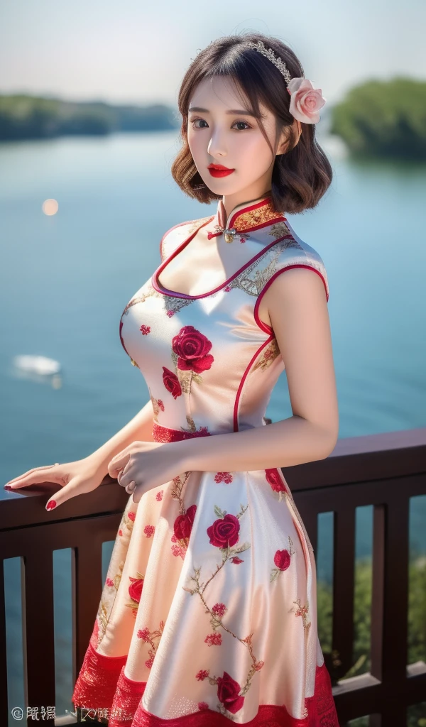 quality\((ultra high resolution)), ((An improvement of the most absurd quality:1.2)), ((photorealistic Realism 16K Quality)), vivid colors, (vivid colors, multicolor ((white, orange, ultraviolet, black)) in her outfit:1.32), (ultra-fine digital art\), ((Realistic eyes clear, sharp, absurd quality, not blurry brown_eyes:1.3)), (super detailed professional makeup on eyes:1.3), (highest quality texture skin), (Highly quality texture hair), (curly hair, ((slicked to the two side)), intricately details:1.3), (perfect proportions), (narrow waist), medium ass,beautiful cheekbones,slim belly:1.2,(slim-muscled body:1.22), (firm and full breasts), ((super details beautiful face)), (pink_makeup:1.3), blue_eyelashes, (glossy red_lipstick:1.21), (perfect dark_eyeshadows:1.45), (super detailed professional makeup on eyes:1.2)., BREAK, (microscopic street outfit:1.22), (minimalist provocative styling outfit:1.25), ((highly elaborate extravagant microscopic street outfit:1.3), (minimalist provocative styling:1.26)),\ White Dress, (silk tight Dolce&Gabbana. Floral dress:1.2), elegant fashion intricately detailed:1.23), floral couture, (clothes made of silk and printed flower), (((Wearing tight fitting dresses))), (black latex:1.28), ((latex bodysuit lace)), ((Intricate detailed multi-layer Dress lace with red flower fishnet:1.35)), ((white lace:1.22\)), BREAK, background\(((city night:1.4), (neon sign), ((night):1.2))). Cinematic Light, (octane rendering, ray tracing), (((photo from head to knee:1.37))), (Proportions are based on a 7.5 head scale).