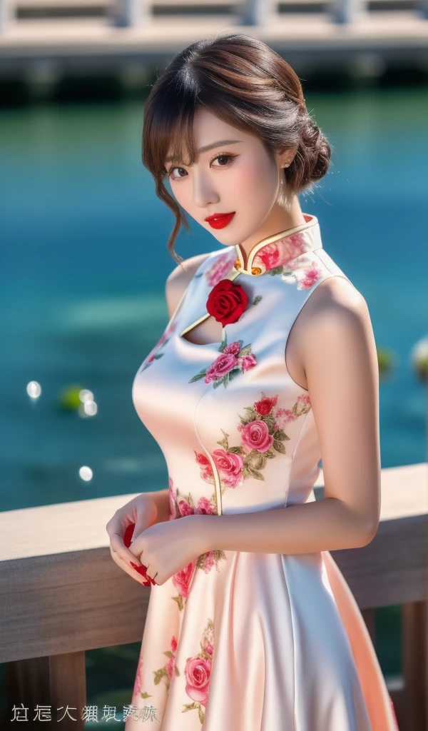 (High quality, 15K, HDR), Two beautiful girls,Lovers, Lesbians, Sexy Girl,bouquet red roses of flowers in hand,very bad image negative_v1.3,(huge breasts:1.1),red lips, glowing skin,big her curves,glamorous model,((A beautiful woman white dress near a body of water, chinese dress, gorgeous chinese model, wearing a pink cheongsam, chinese style, sexy dress, wearing an elegant dress, cheongsam, wearing pink dress, sexy black dress, chinese girl, wearing a white dress, beautiful silky dress, wearing a wonderful dress, traditional chinese,wedding dress)),(((Perfect female body, Willow waist))),hide five , best quality,glamorous model with (detailed eyes, detailed lips, extremely detailed eyes),Brunette Bob Hair,beautiful detailed eyes, hazel eyes, {{{{{sharp focus}}}}},Wearing a single red rose around the neck of a necklace,Wearing red and black lace dress,high-heels,blue eyes,(((Full body))))((anatomy correct)),Gorgeous and intricate lady style