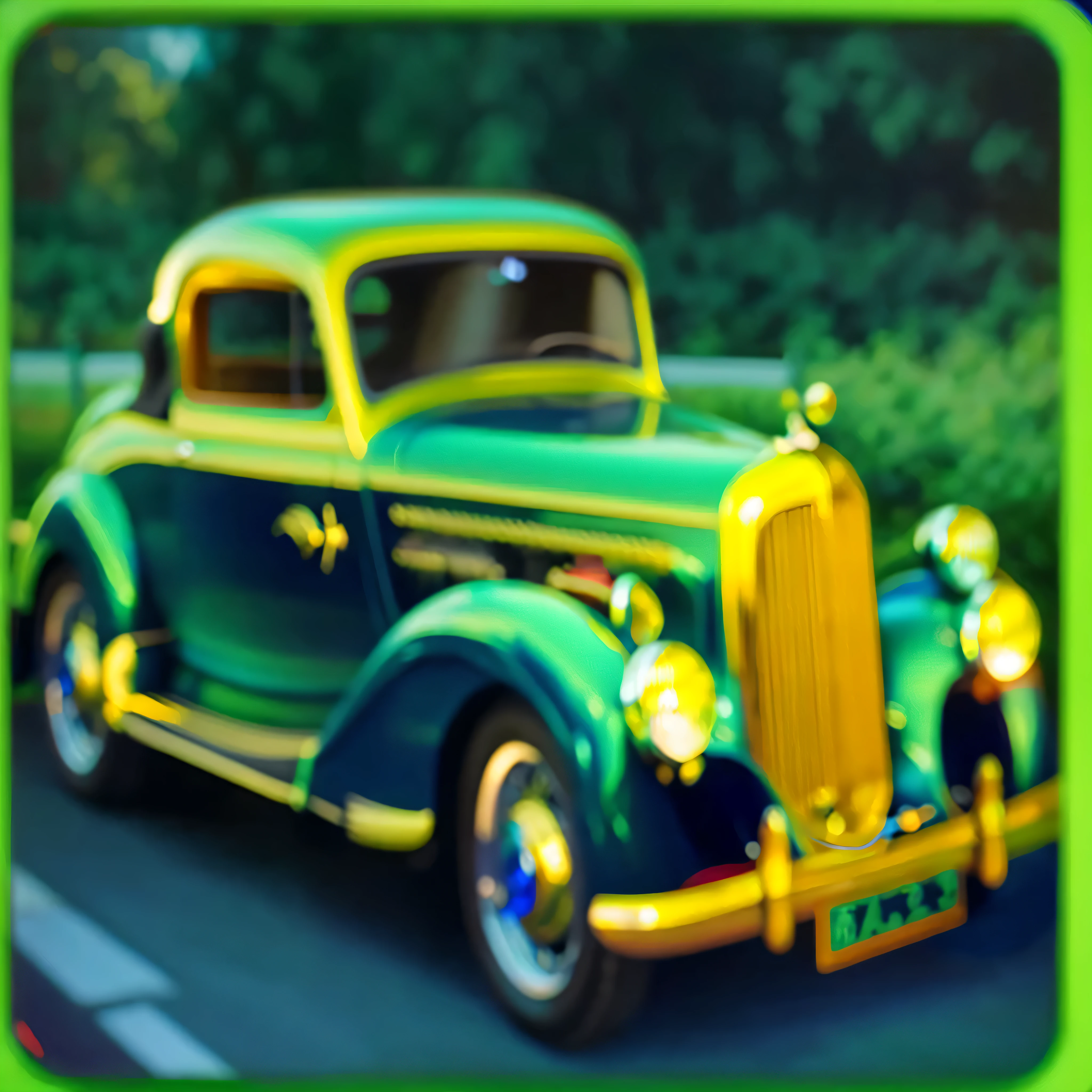 一辆绿色和of汽车,上面有of引擎盖, of car, of cars, of, 9K, 9K, Drive a hot rod, car trading game, Classic cars, vintage art, retro coloring, Classic carss, thumbnail, car shooting, speedster, 程式化of数字插图, old car, author:Thomas Dalziel, realist decorative art, Luxury car,European and American cartoon style