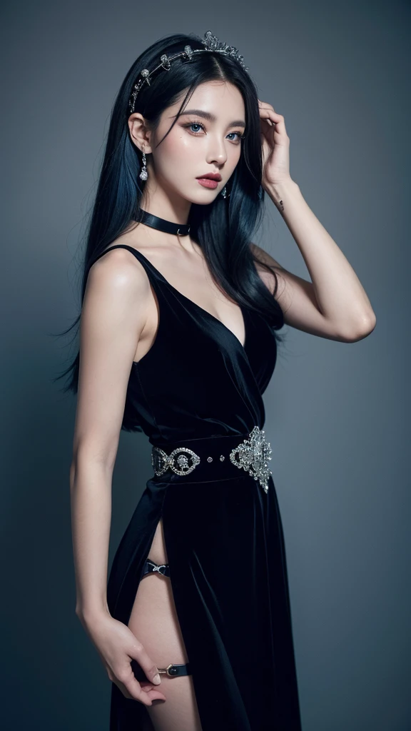 best quality, proficient, fine hair, high resolution, (((Itching))) ,collar, hair accessories, (pretty face), black dress, view viewer, blue hair, permanent, (above waist),Medusa