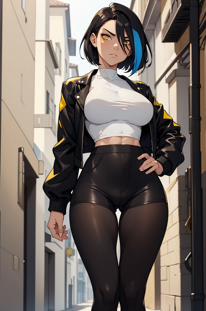 cabelo colorido, cabelo branco e preto colorido 1 girl, two-tone hair, black on top, white on bottom 1 gilr, ,perfect anatomy girl muscular girl toned body girl large breasts girl thick girl angry girl best quality girl black hair girl yellow eyes girl pale girl pale girl,beautiful woman brunette, muscular, wearing short leggings withe, black tights, short hair, beautiful eyes, beautiful, yellow eyes, white shirt, black leather jacket, shorts, short white leggings, dark alley city black pantyhose, two-tone hair, black on top, white on bottom
