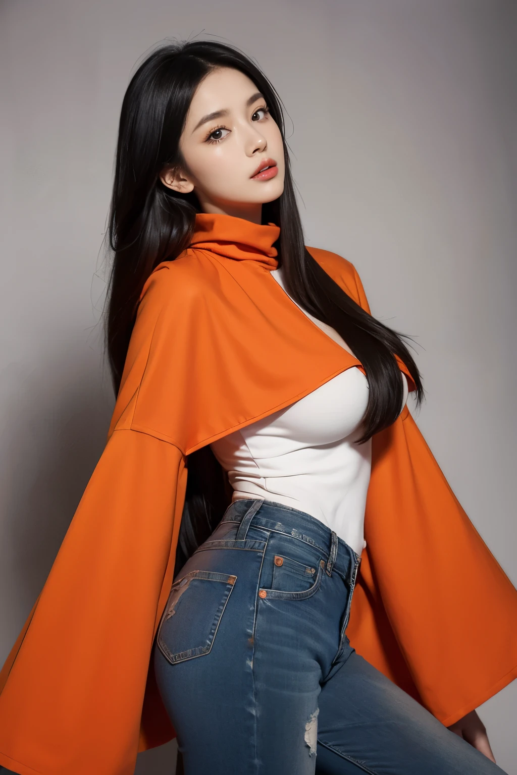 1个Giant Breast Girl, masterpiece, Best quality at best, high qulity, OLGA_mary, black hair, The orange_The eye, long hair, hair between eye, longer sleeves, jaket, red ascot, a skirt, hot pants jeans, Very long hair, cow boy shot,