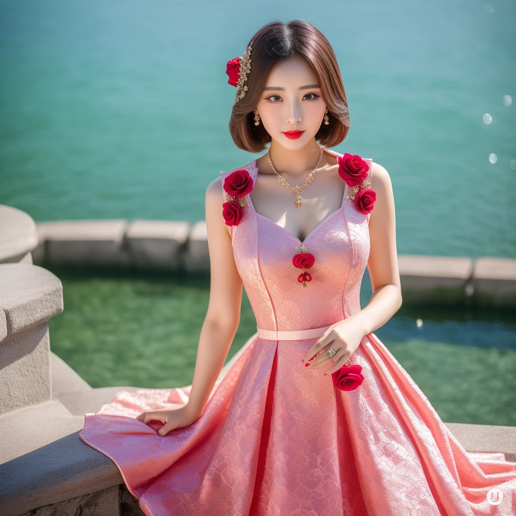 (High quality, 15K, HDR), Two beautiful girls,Lovers, Lesbians, Sexy Girl,bouquet red roses of flowers in hand,very bad image negative_v1.3,(huge breasts:1.1),red lips, glowing skin,big her curves,glamorous model,((A beautiful woman white dress near a body of water, chinese dress, gorgeous chinese model, wearing a pink cheongsam, chinese style, sexy dress, wearing an elegant dress, cheongsam, wearing pink dress, sexy black dress, chinese girl, wearing a white dress, beautiful silky dress, wearing a wonderful dress, traditional chinese,wedding dress)),(((Perfect female body, Willow waist))),hide five , best quality,glamorous model with (detailed eyes, detailed lips, extremely detailed eyes),Brunette Bob Hair,beautiful detailed eyes, hazel eyes, {{{{{sharp focus}}}}},Wearing a single red rose around the neck of a necklace,Wearing red and black lace dress,high-heels,blue eyes,(((Full body))))((anatomy correct)),Gorgeous and intricate lady style