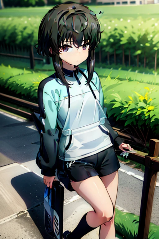 1 girl,å—山雫,black hair,short hair with long locks,short hair,side lock,purple eyes,bangs,black hair,Short sleeve hoodie,No sleeve,hat,shorts,sneakers,In town,walk,sun,summer,noon
, exquisite visuals, High resolution,masterpiece,highest quality,