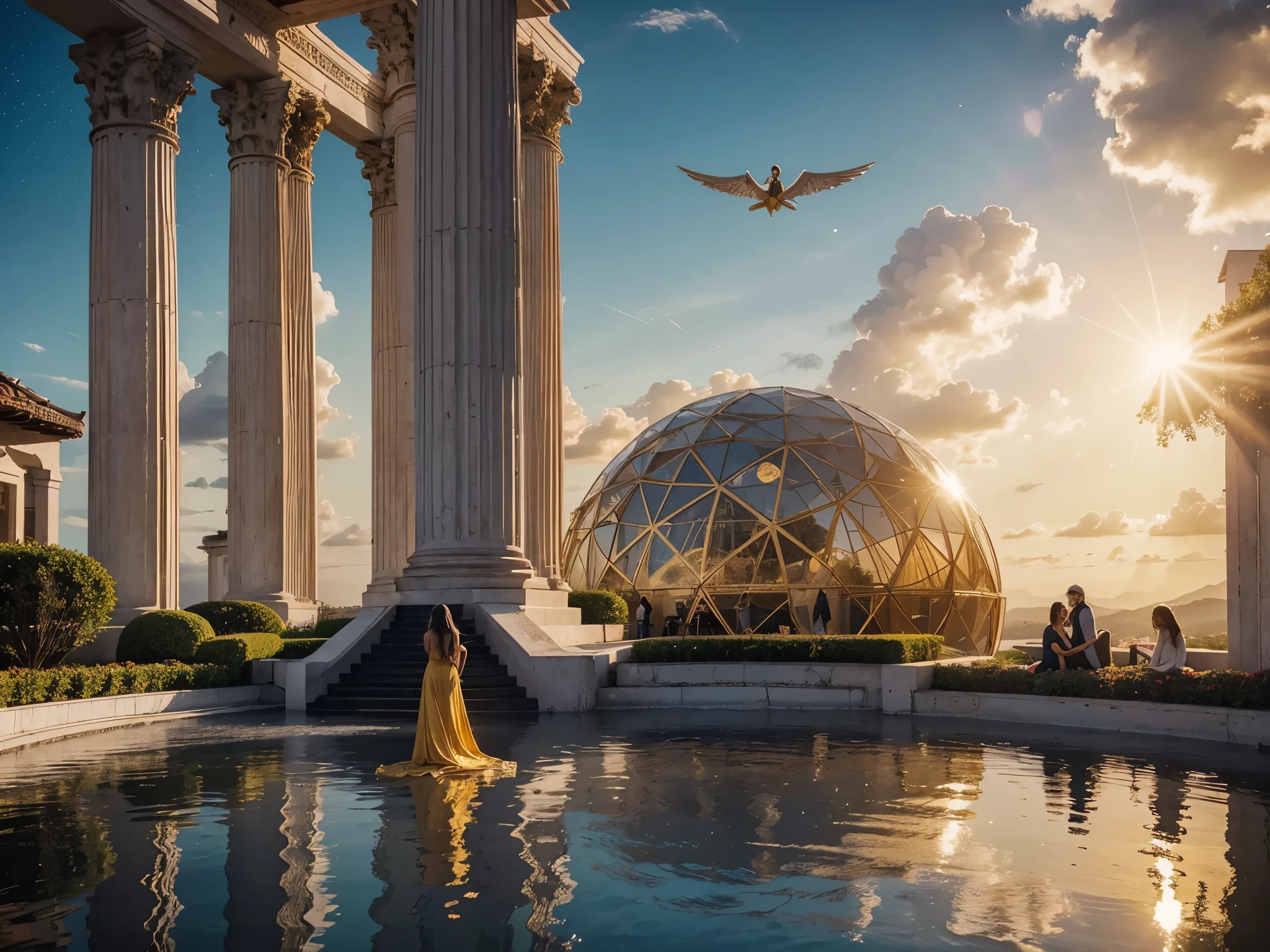 Create a visual representation of the heavenly streets inspired by John's visions in Revelation, destacando a alegria, paz e beleza dos anjos. Desenhe anjos majestosos, with golden garments and wings that elegantly adjust to the body when standing. Localize a cena em ruas futuristas, filled with celestial architecture and advanced technology, reflecting a scenario billions of years in the future. Include children angels, with a minimum height of 1,90m, cabelos dourados e cacheados. Add Shiny Tech Gems, coroas, asas luminosas e elementos futuristas. Destaque a limpeza imaculada das ruas, the absence of garbage and eternally new houses. Transmita a atmosfera celestial com cores douradas, multiple suns and diamond waters that shine like crystals in the wind. O ambiente deve irradiar paz, felicidade, amor e harmonia, com os anjos sempre cantando, brincando e auxiliando uns aos outros. All this in a visually stunning space