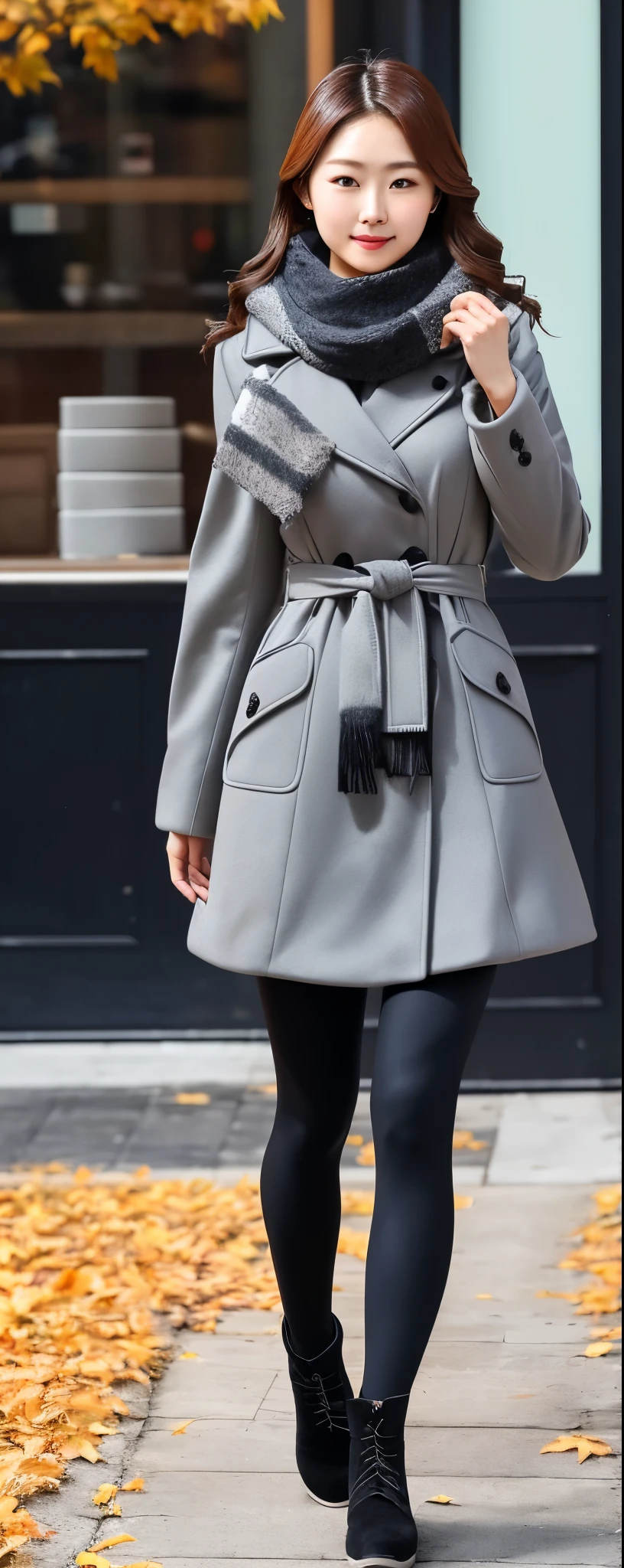 (8k, RAW photos, top quality, masterpiece: 1.2, ultra detailed, super resolution, real photos: 1.37), (Full body:1), 1 noble elegant Japanese lady, (standing contrapposte), winter season, ((black color coodinate, wearing over-size nouton coat, winter fluffy scarf, grey long skirt, legging, wearing long boots)), Shiny, Smile, Looks like 1.8 meters tall, large pelvis, Large breasts, big cuvy hips, Thin waist, Long legs, skin hyper-detail, 20 years old, Perfect face, (Detailed facial features), Wavy hair, Daylight, autumn season, snazzy cafe,