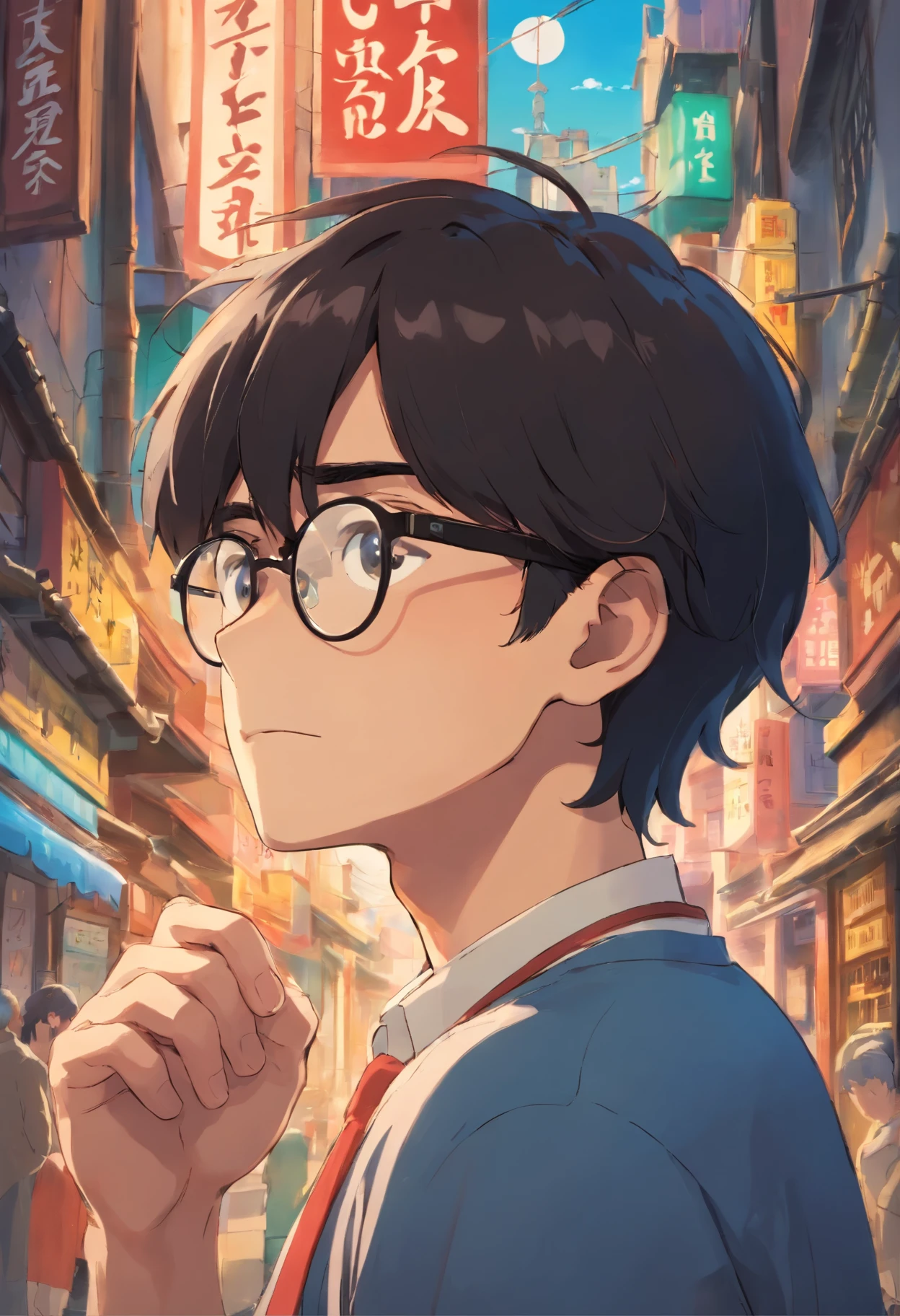 glasses　male　male子　black hair　Lack of energy　I'm worried　front　My eyes are hidden by my bangs　long bangs　Ghibli　anime　beautiful　I'm in trouble　