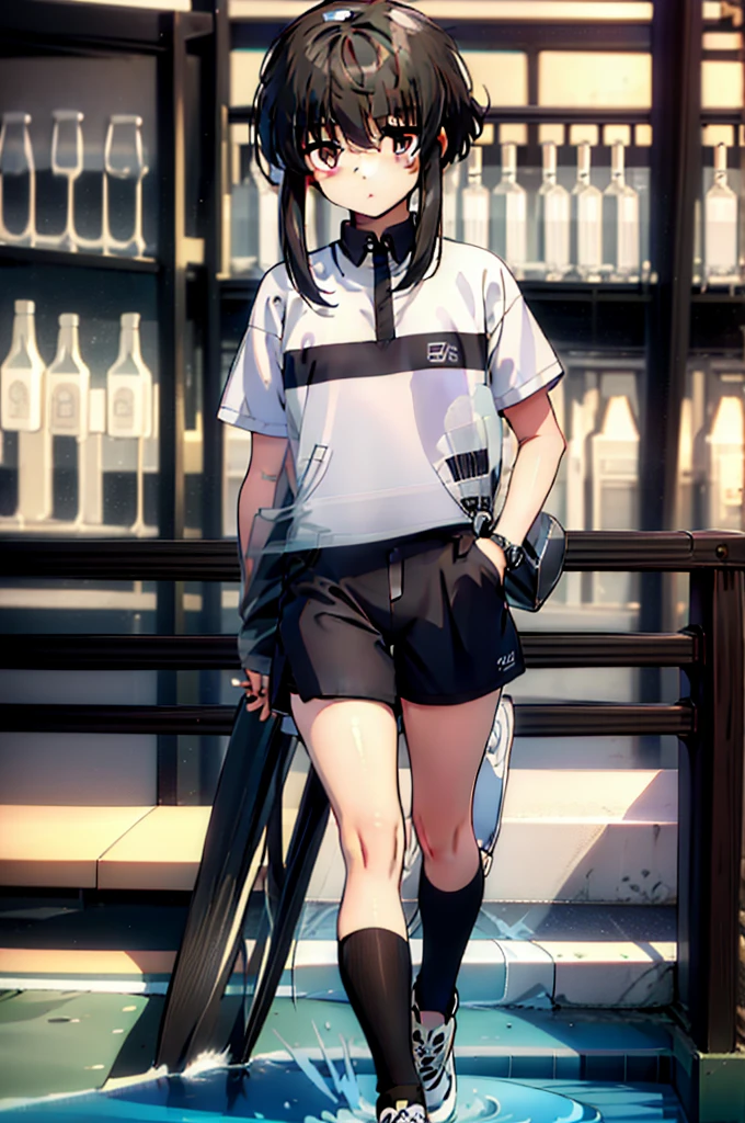 1 girl,å—å±±é›«,black hair,short hair with long locks,short hair,side lock,purple eyes,bangs,black hair,Short sleeve hoodie,No sleeve,hat,shorts,sneakers,In town,walk,sun,summer,noon
, exquisite visuals, High resolution,masterpiece,highest quality,