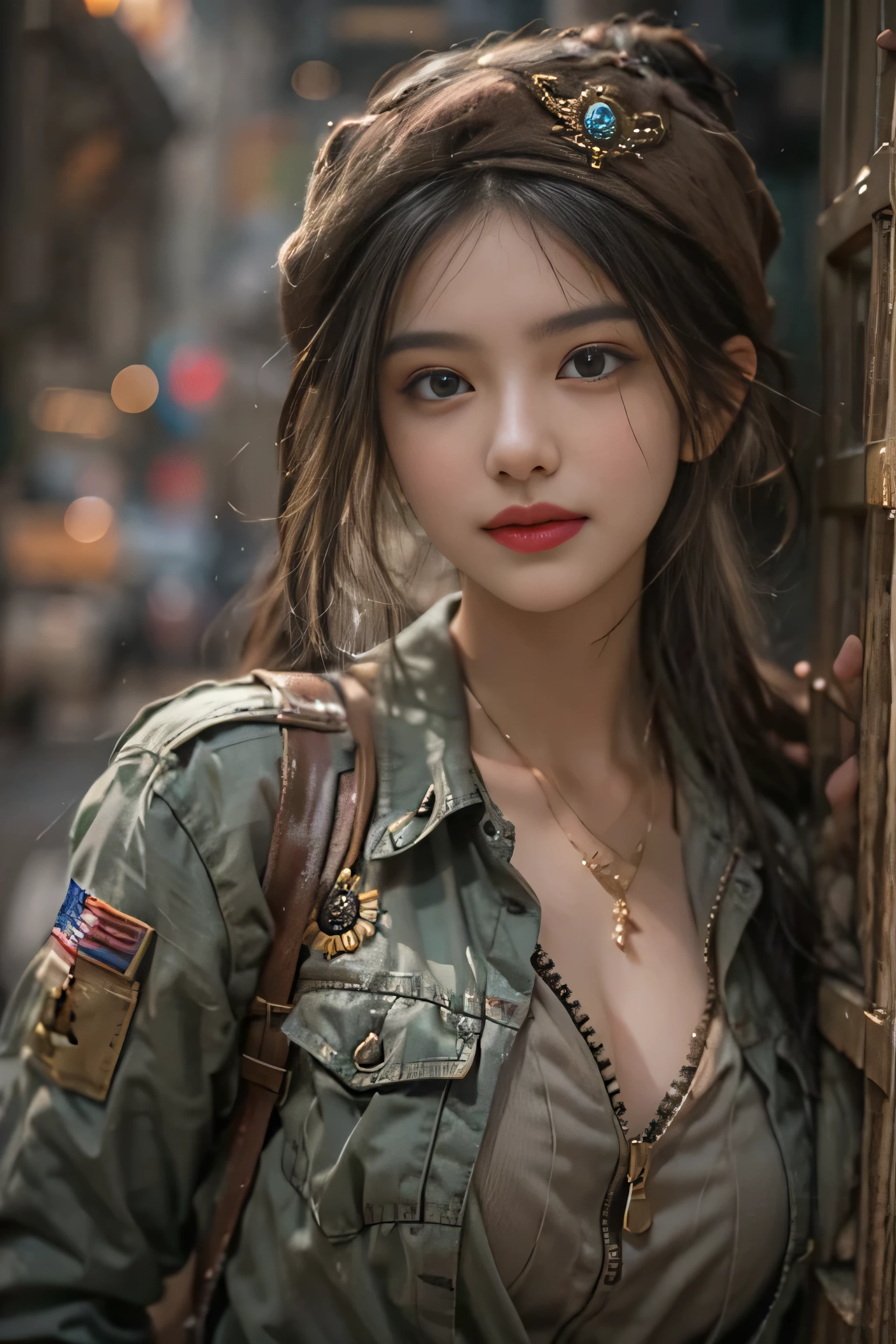 realistic, High resolution, soft light,1 female, alone, hip up, (detailed face), jewelry, street wear, Beautiful Soldier, Eyes that invite the viewer, spouse'point of view, attractive appearance, sexy smile, perfect style, perfect balance, fine skin, naughty look, I can see your breasts
