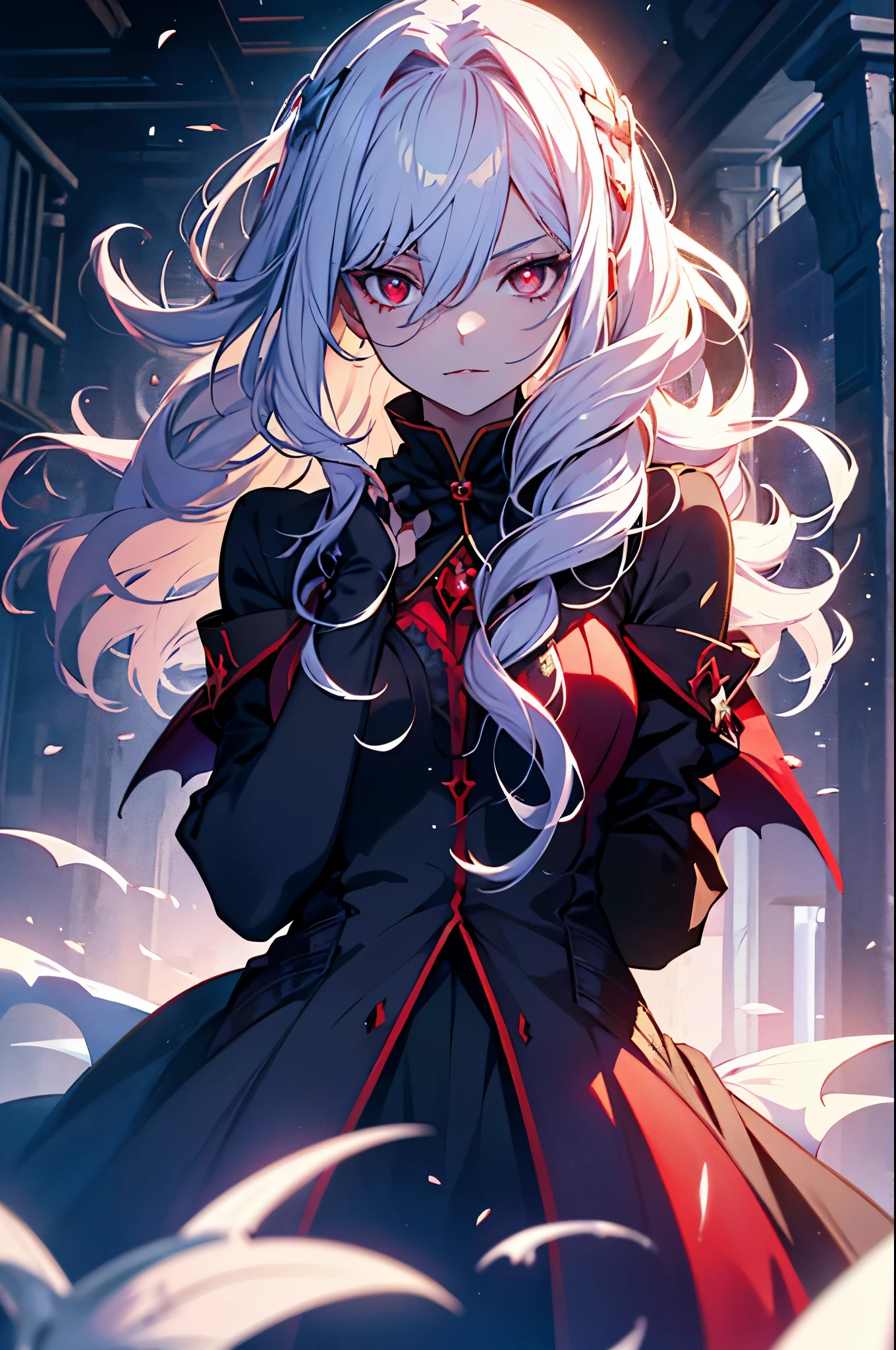 With white hair and Blue eyes,beautiful as a fairy,A cute expression that stirs affection,side face,floating hair,light particles,glare,vivid,fancy,dreamlike,a dim atomshpere, ((Vampire Girl)) ((Vampire Princess)) ((Dark Fantasy)) ((Red-Eyes))
