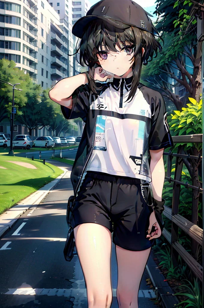 1 girl,å—å±±é›«,black hair,short hair with long locks,short hair,side lock,purple eyes,bangs,black hair,Short sleeve hoodie,No sleeve,hat,shorts,sneakers,In town,walk,sun,summer,noon
, exquisite visuals, High resolution,masterpiece,highest quality,